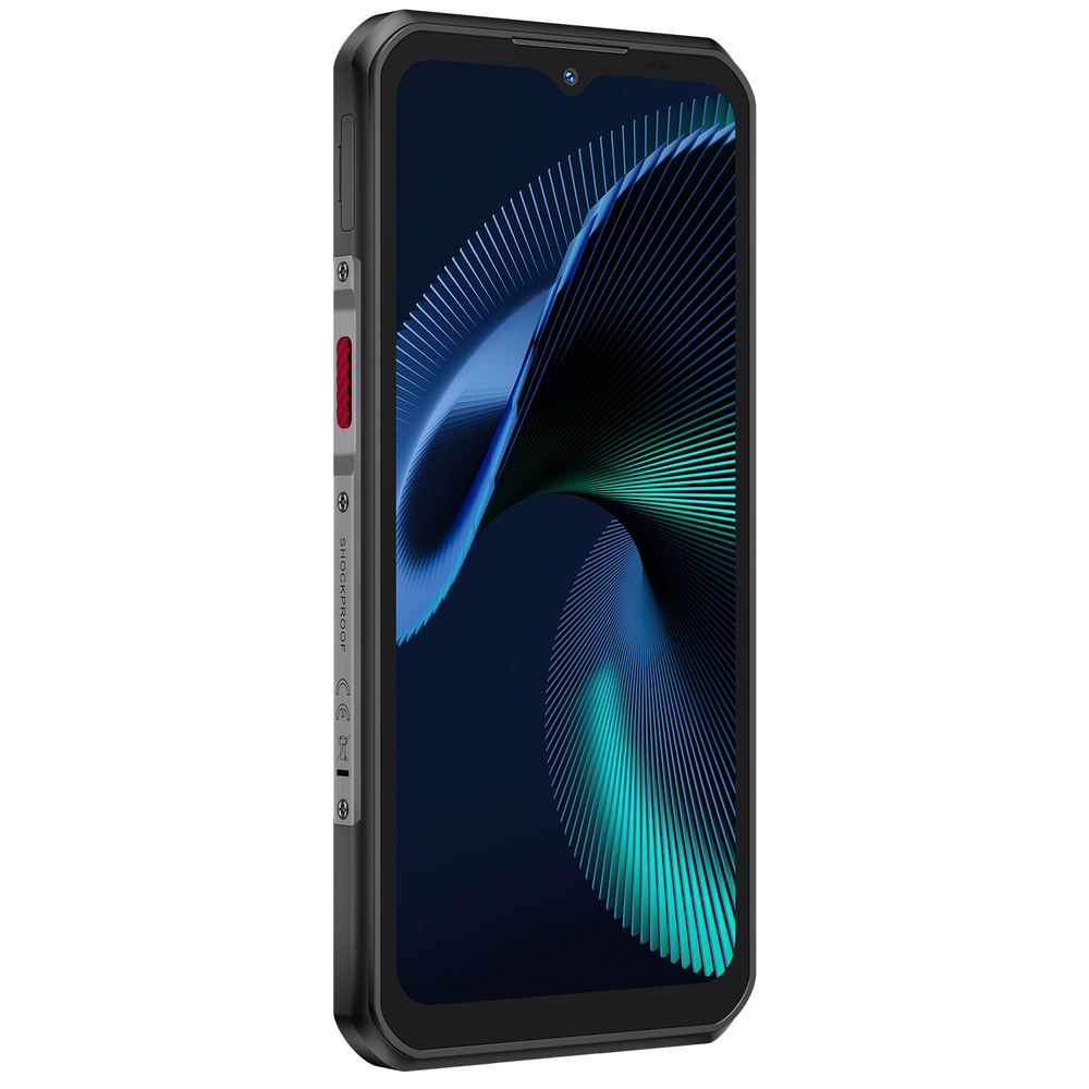 Wytrzymały czarny smartfon z zaokrąglonymi rogami i niebieską, w paski tapetą na ekranie.