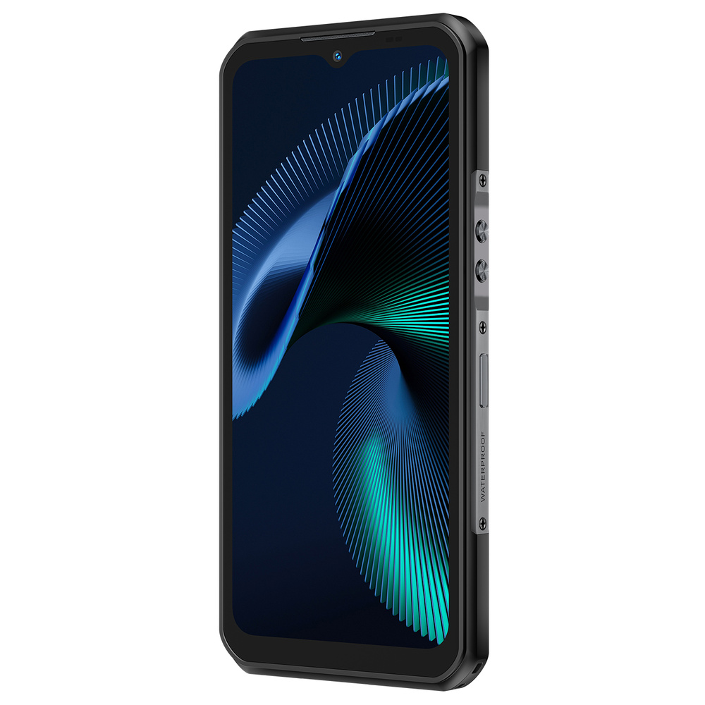 Wytrzymały czarny smartfon z niebieskim ekranem i fizycznymi przyciskami z boku.