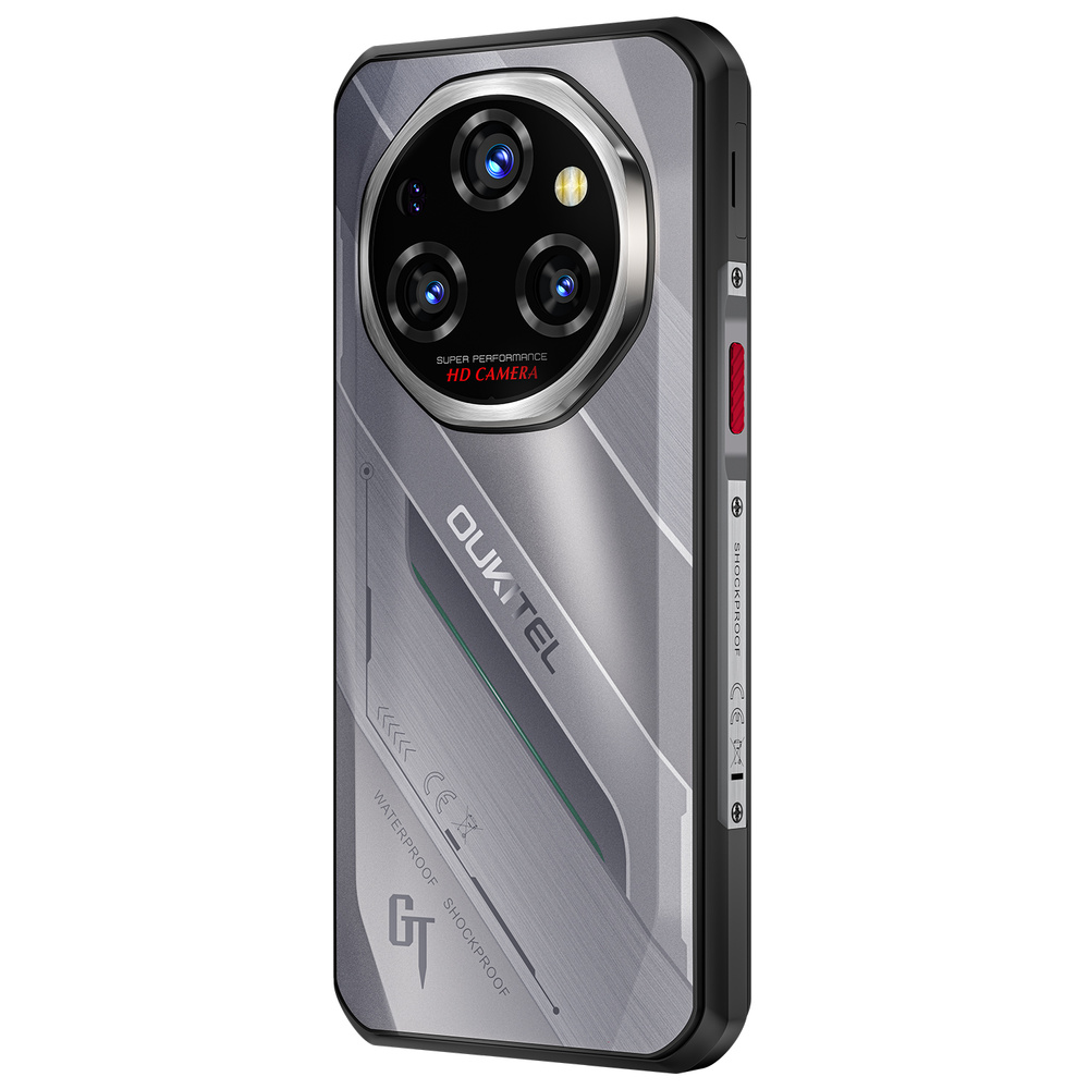 Tył szarego smartfona Oukitel z potrójnym aparatem HD i czarną ramką ochronną.