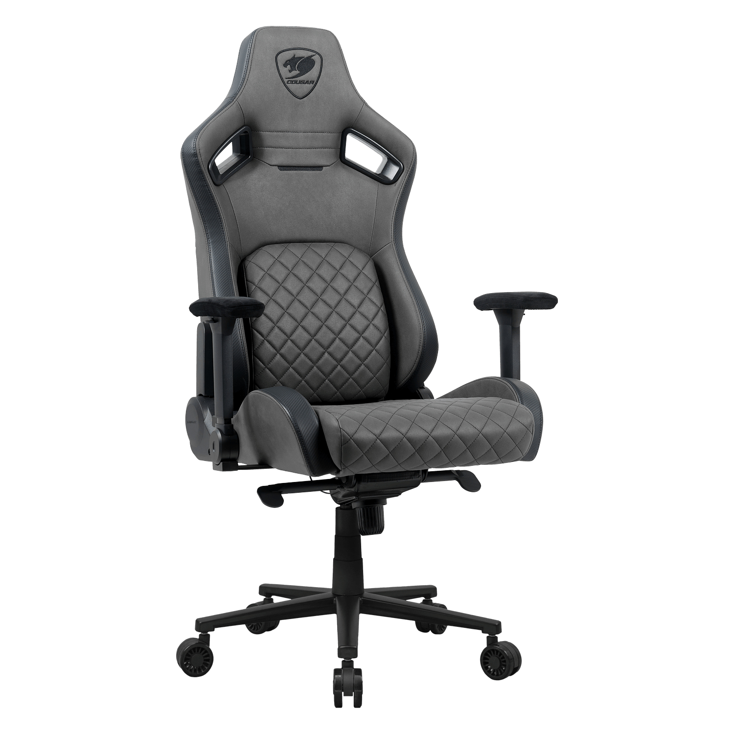 Sedia da gaming grigia con dettagli neri, seduta trapuntata, braccioli regolabili e base con ruote.