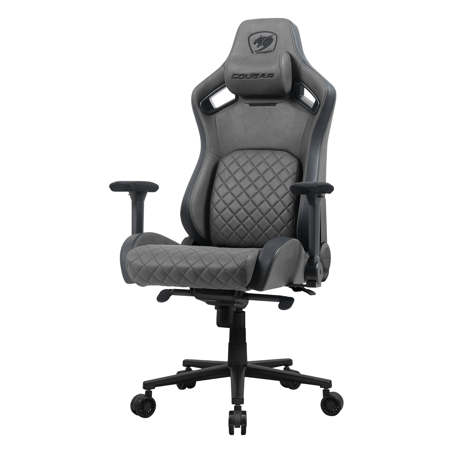 Una sedia da gaming Cougar grigia con motivo trapuntato, braccioli regolabili e base nera a cinque stelle con rotelle.