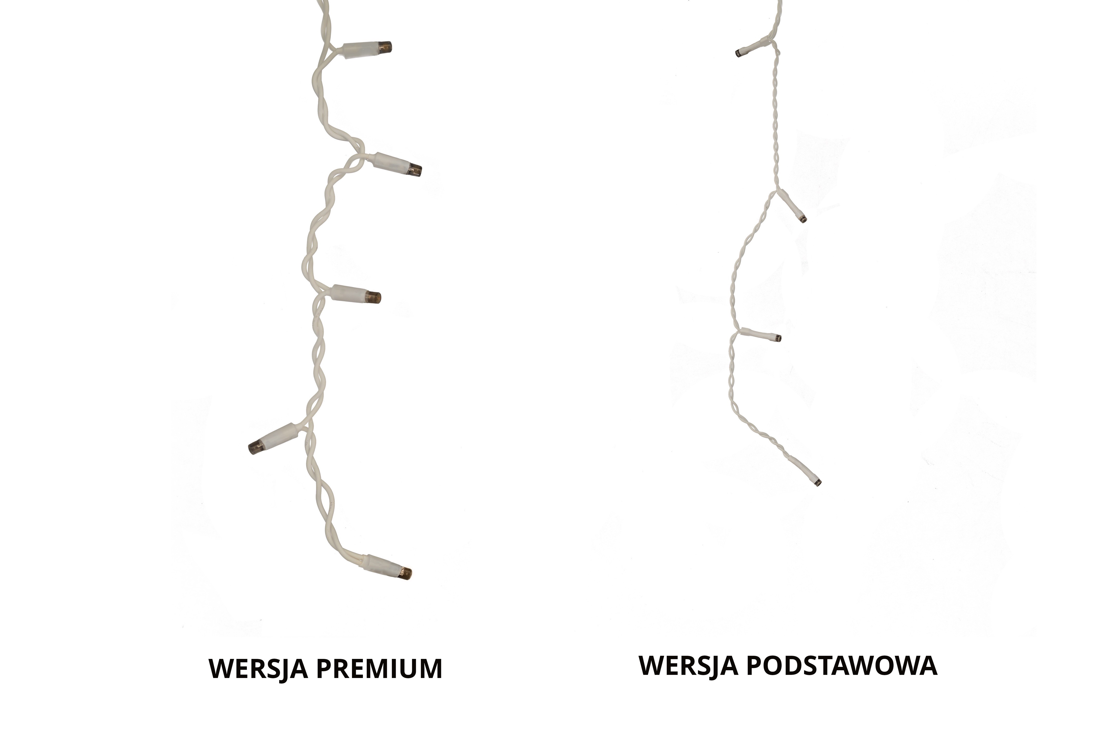 Porównanie dwóch łańcuchów świetlnych LED: po lewej WERSJA PREMIUM z gęstszymi diodami, po prawej WERSJA PODSTAWOWA.
