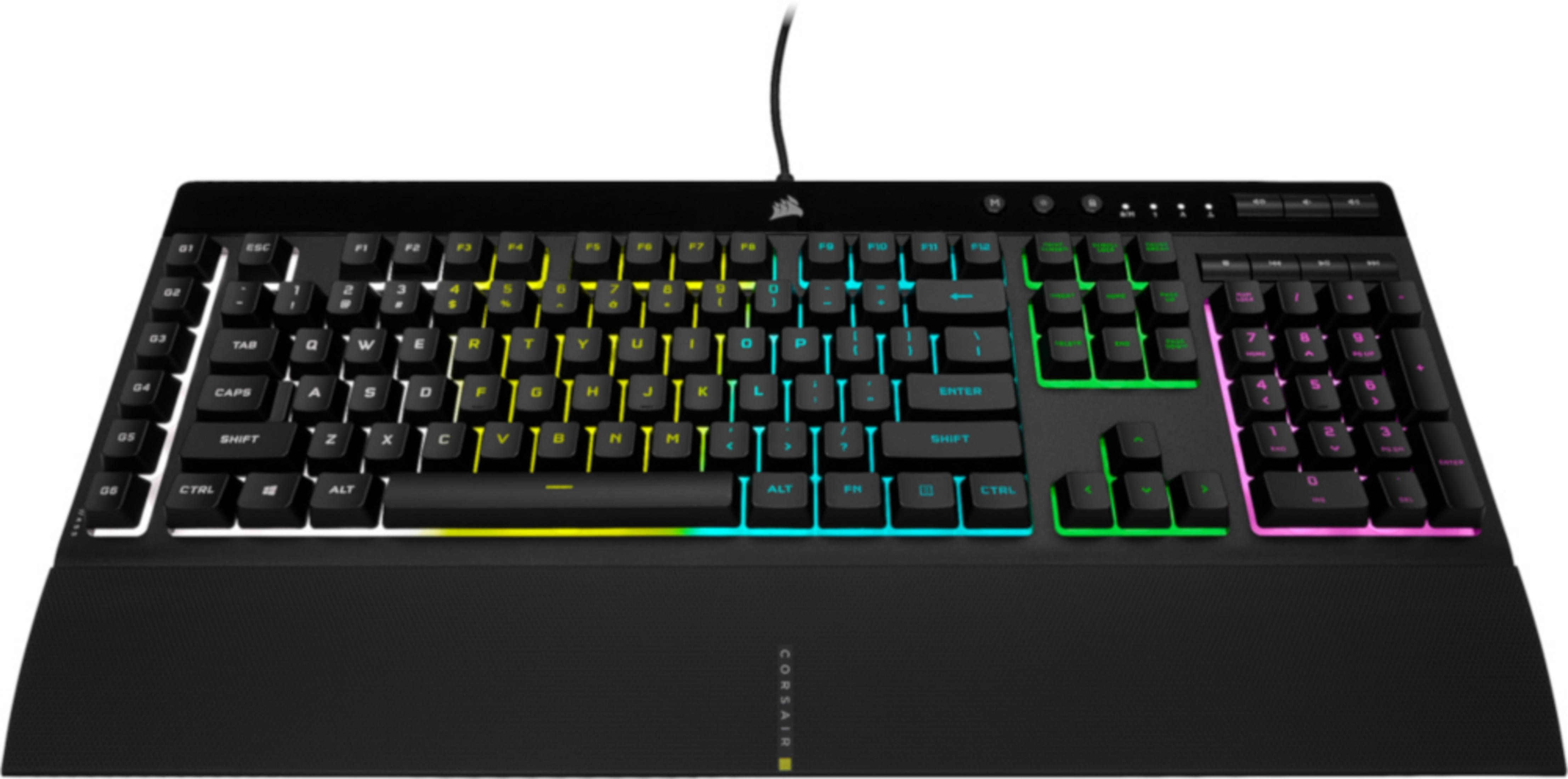 Tastiera da gioco nera con retroilluminazione RGB personalizzabile, poggiapolsi e cavo USB collegato.