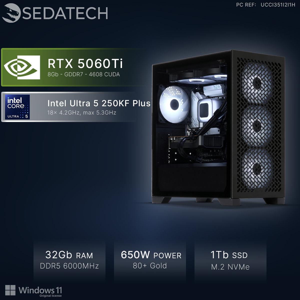 Sedatech PC mit RTX 5060Ti, Intel Ultra 5, 32GB RAM, 650W Netzteil, 1TB SSD und Windows 11.
