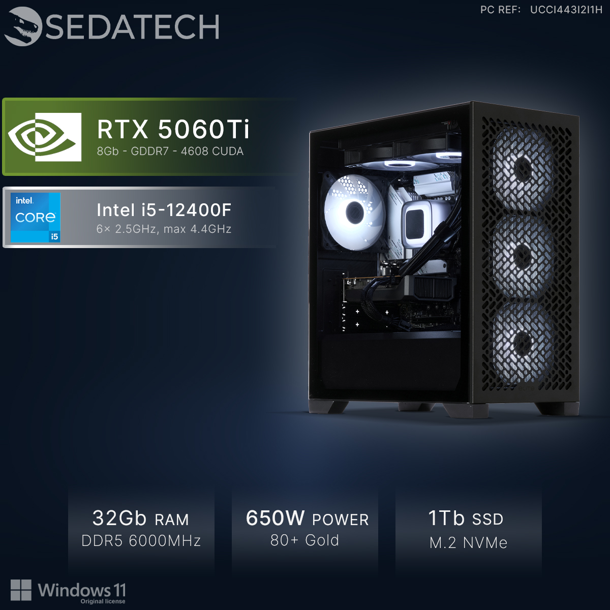 Sedatech PC mit RTX 5060Ti, Intel i5-12400F, 32GB RAM, 1TB SSD und leuchtenden weißen Lüftern in einem schwarzen Gehäuse.