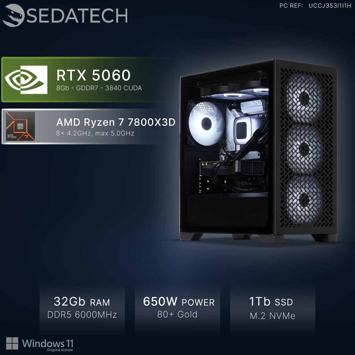 Sedatech Gaming-PC mit RTX 5060, AMD Ryzen 7 7800X3D, 32GB RAM, 650W Netzteil und 1TB SSD.