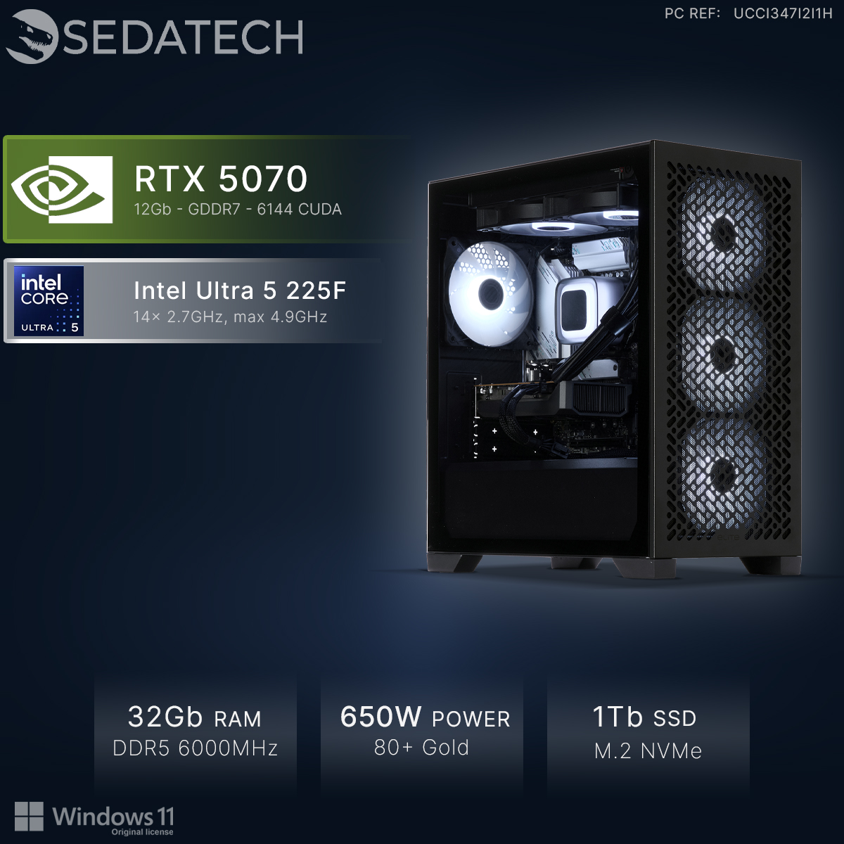 Sedatech PC mit RTX 5070 Grafikkarte, Intel Ultra 5 225F Prozessor, 32 GB RAM, 650W Netzteil und 1TB SSD.