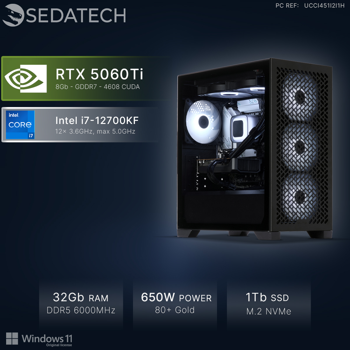 Ein schwarzer Sedatech PC mit weißen beleuchteten Lüftern, Intel i7, RTX 5060Ti, 32GB RAM und 1TB SSD vor dunkelblauem Hintergrund.