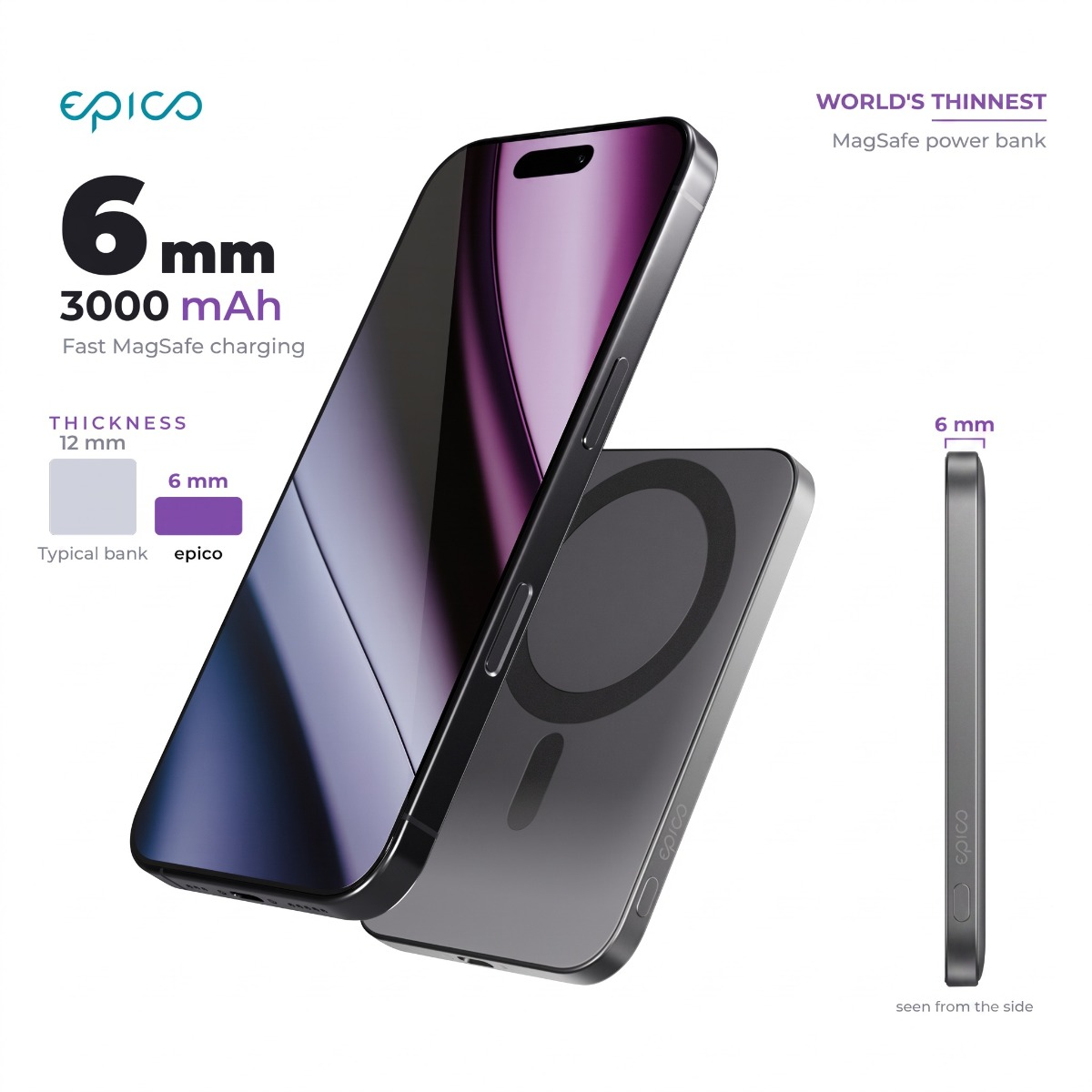 Werbebild für eine dünne 6mm, 3000 mAh MagSafe Powerbank von Epico neben einem Smartphone.