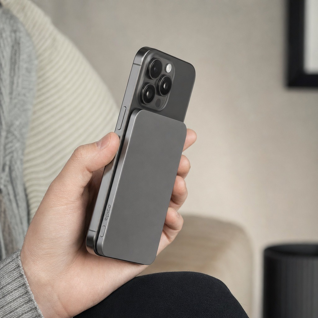Eine Person hält drinnen ein Smartphone mit einer magnetischen Powerbank auf der Rückseite.