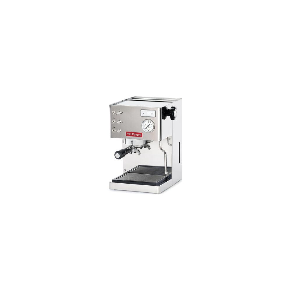 Une machine à espresso argentée La Pavoni avec buse vapeur et manomètre sur fond blanc.