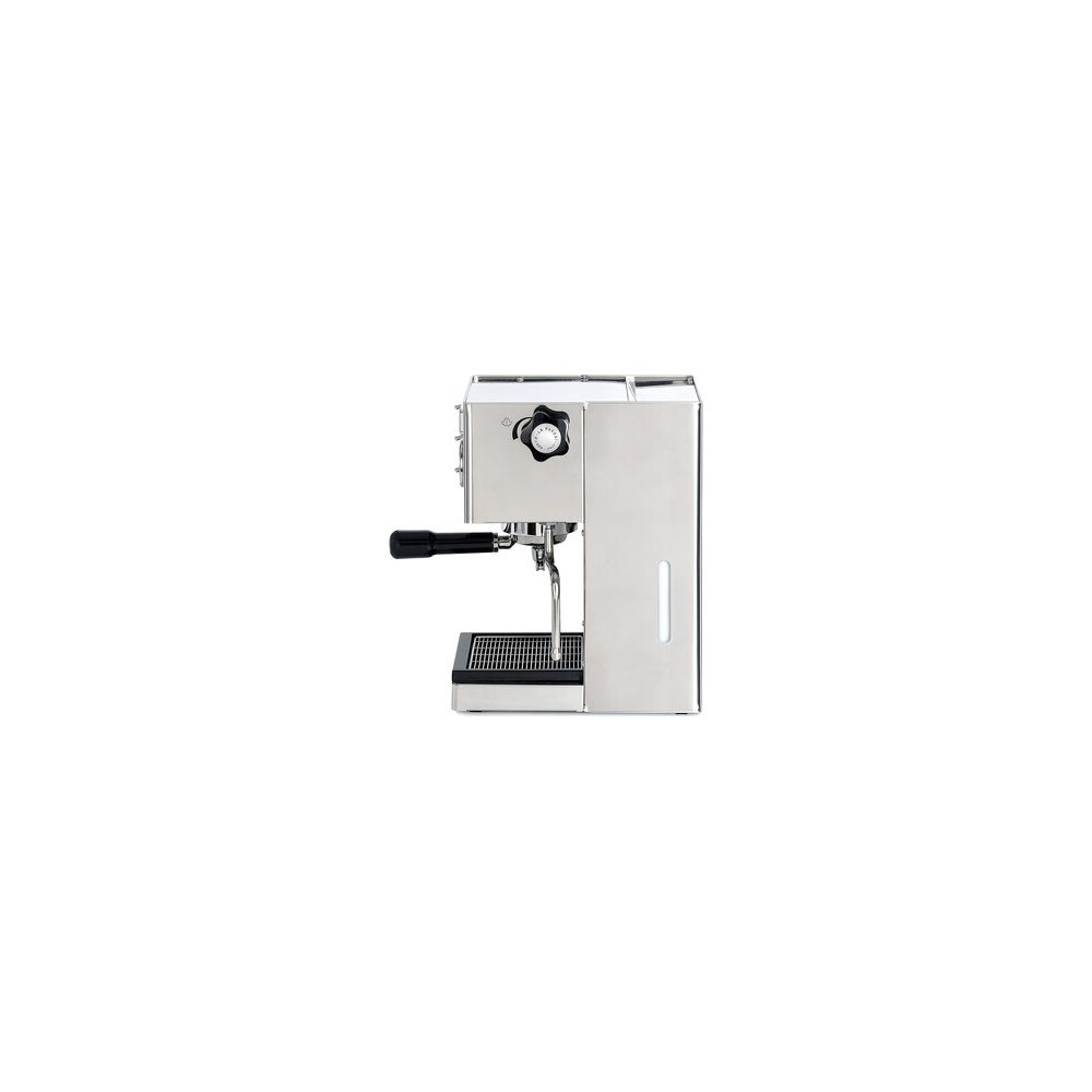 Une machine à espresso en acier inoxydable avec un porte-filtre noir et un bouton, vue de côté.
