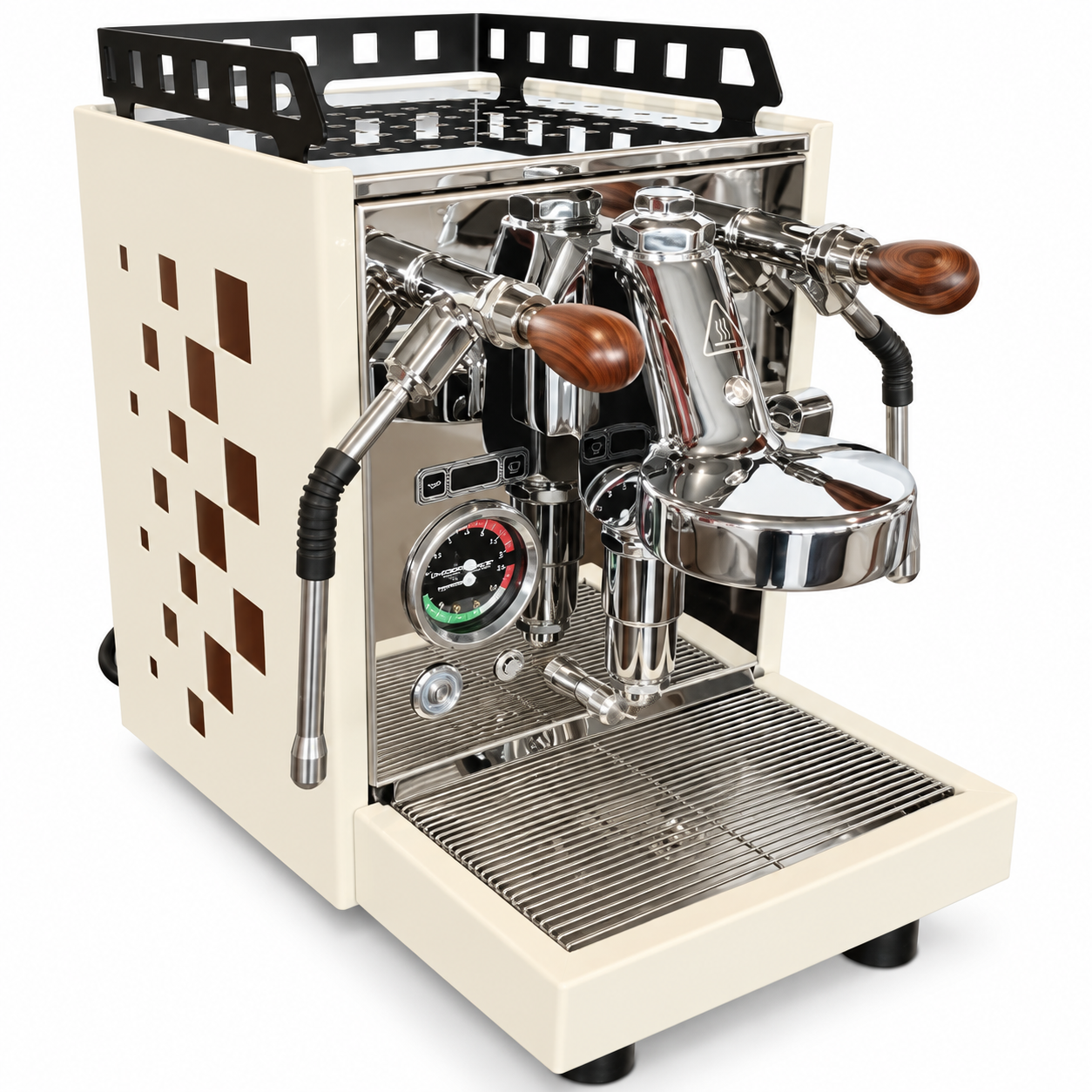 Una macchina da caffè espresso beige e cromata con manici in legno, lancia vapore, manometro e griglia superiore nera.