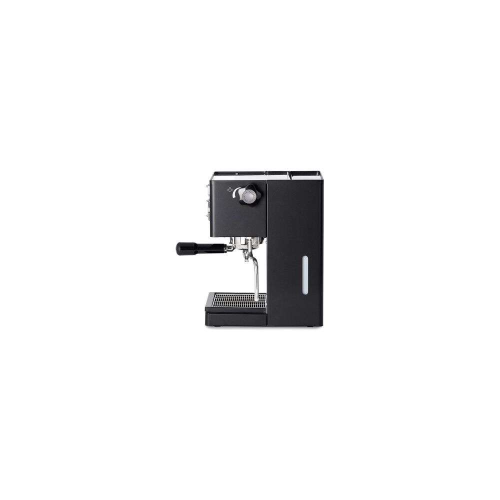 Une machine à espresso noire élégante vue de profil sur fond blanc.