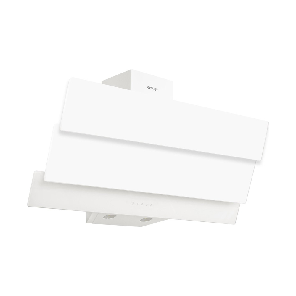 Modern white cooker hood with slanted glass panels and LED lights against a white background.