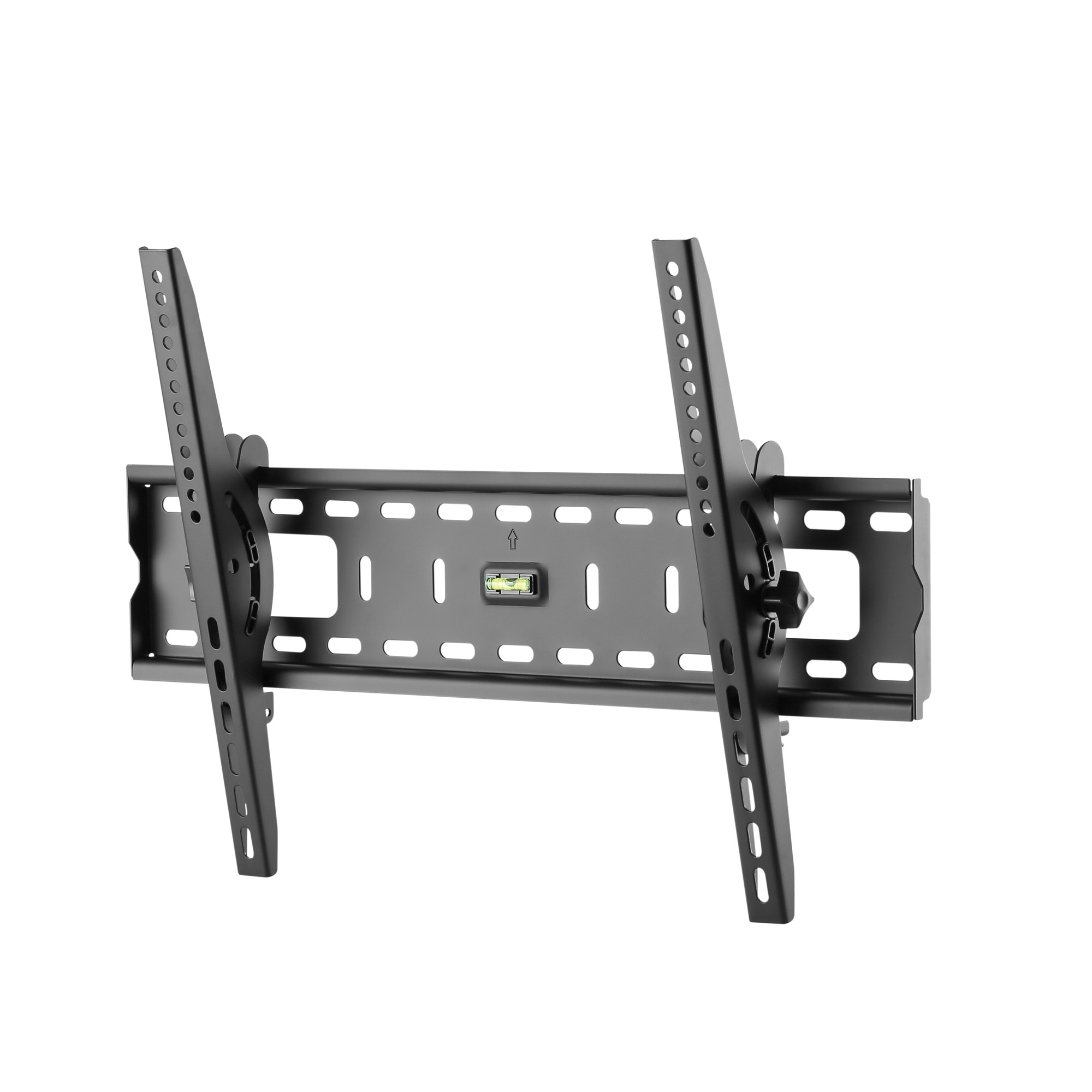 Eine schwarze TV-Wandhalterung aus Metall mit zwei vertikalen Halterungen und integrierter Wasserwaage.