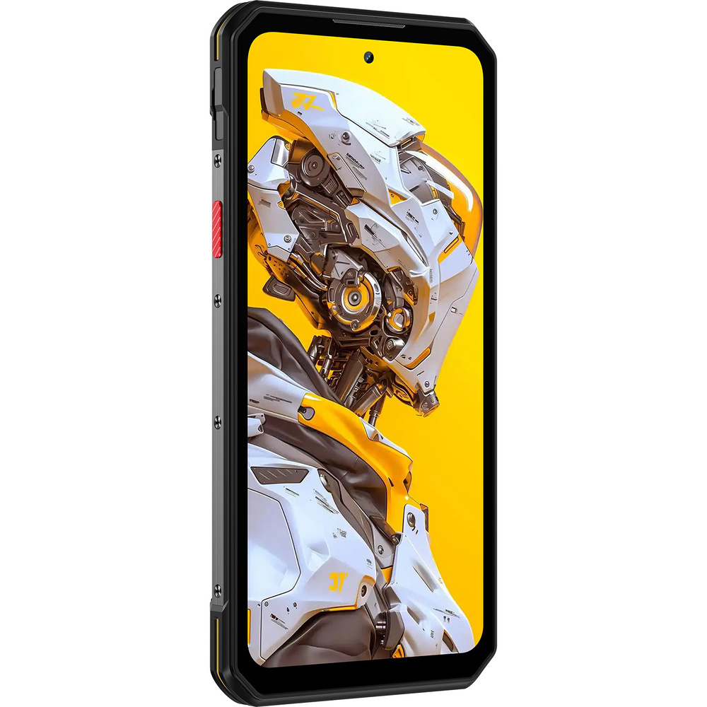 Wytrzymały smartfon z czarną ramką i ilustracją robota na żółtym ekranie.