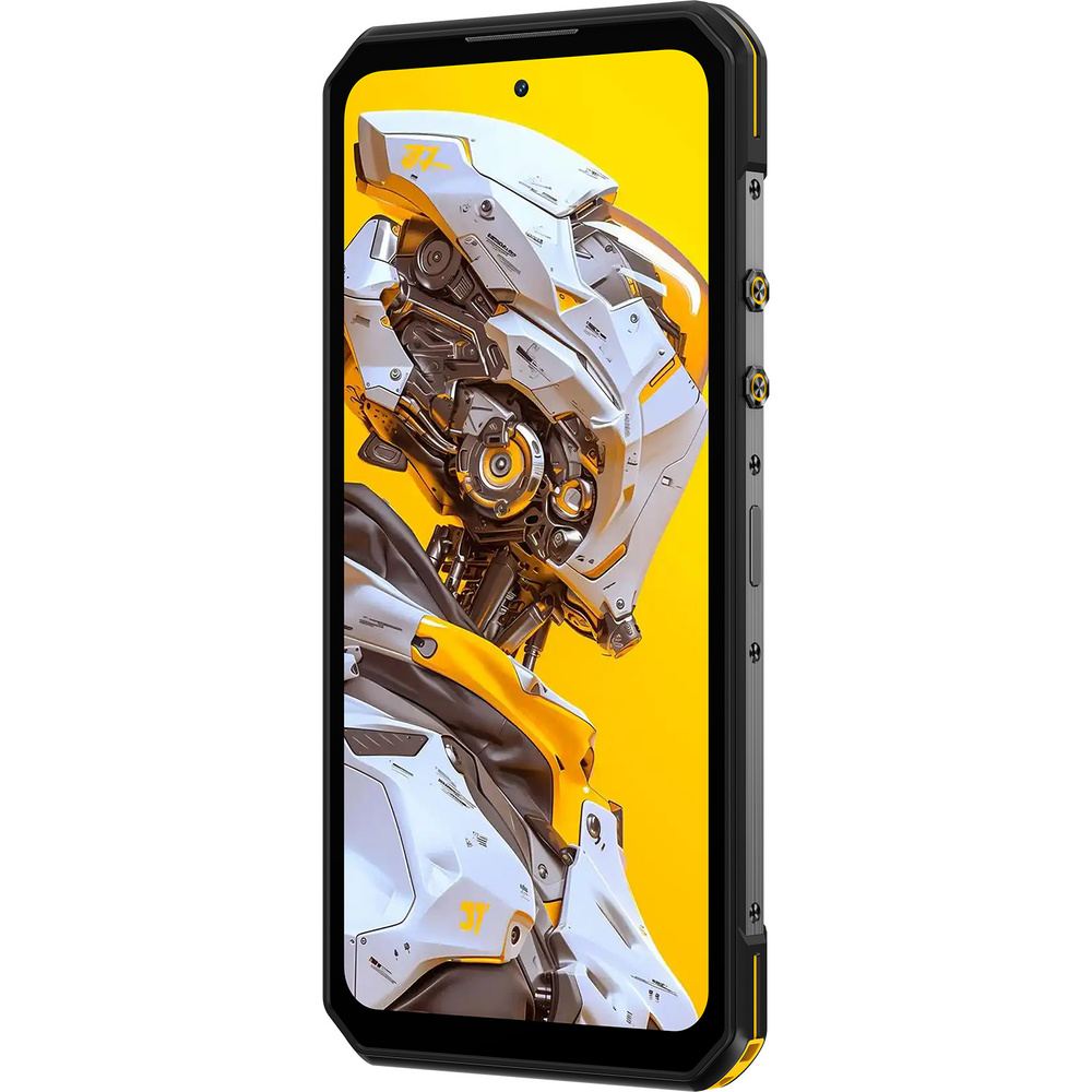 Wytrzymały smartfon w czarnej obudowie z grafiką białego i żółtego futurystycznego robota na ekranie.