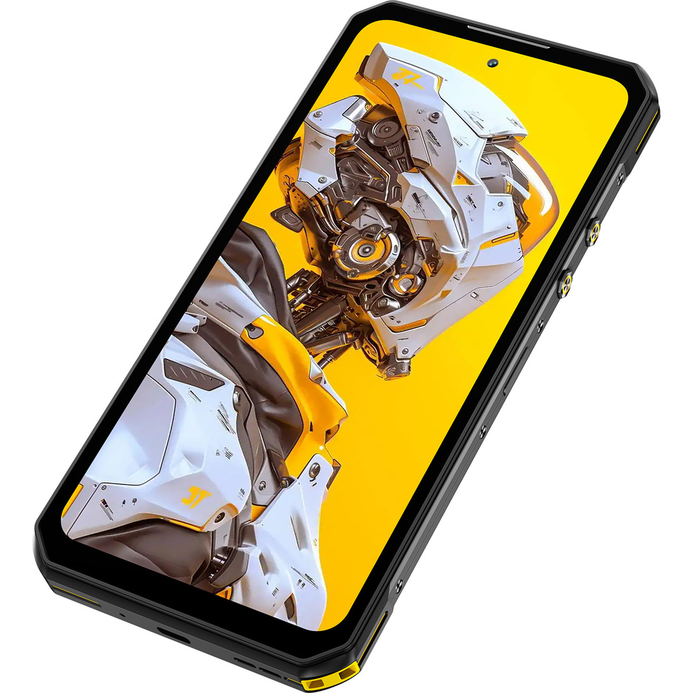 Wytrzymały czarny smartfon z żółtymi akcentami i robotem sci-fi na ekranie.