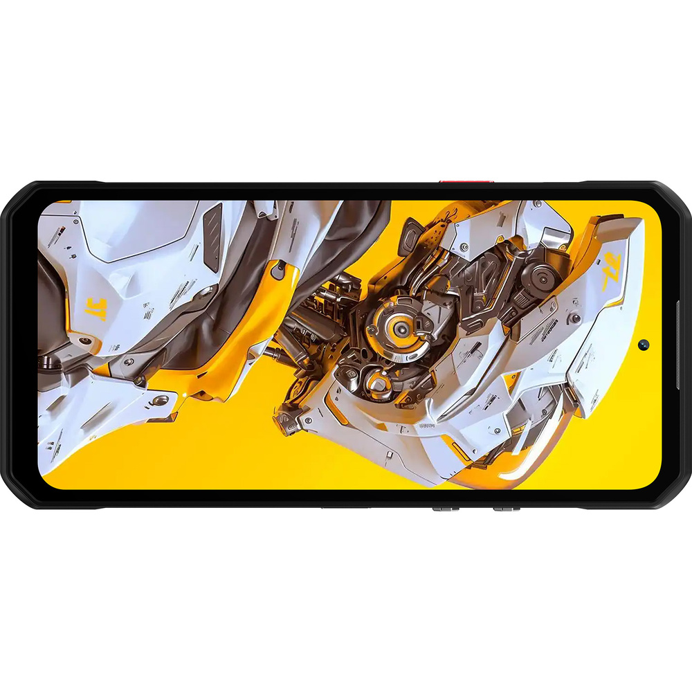Wytrzymały smartfon wyświetla szczegółową, futurystyczną ilustrację mecha na żółtym tle.