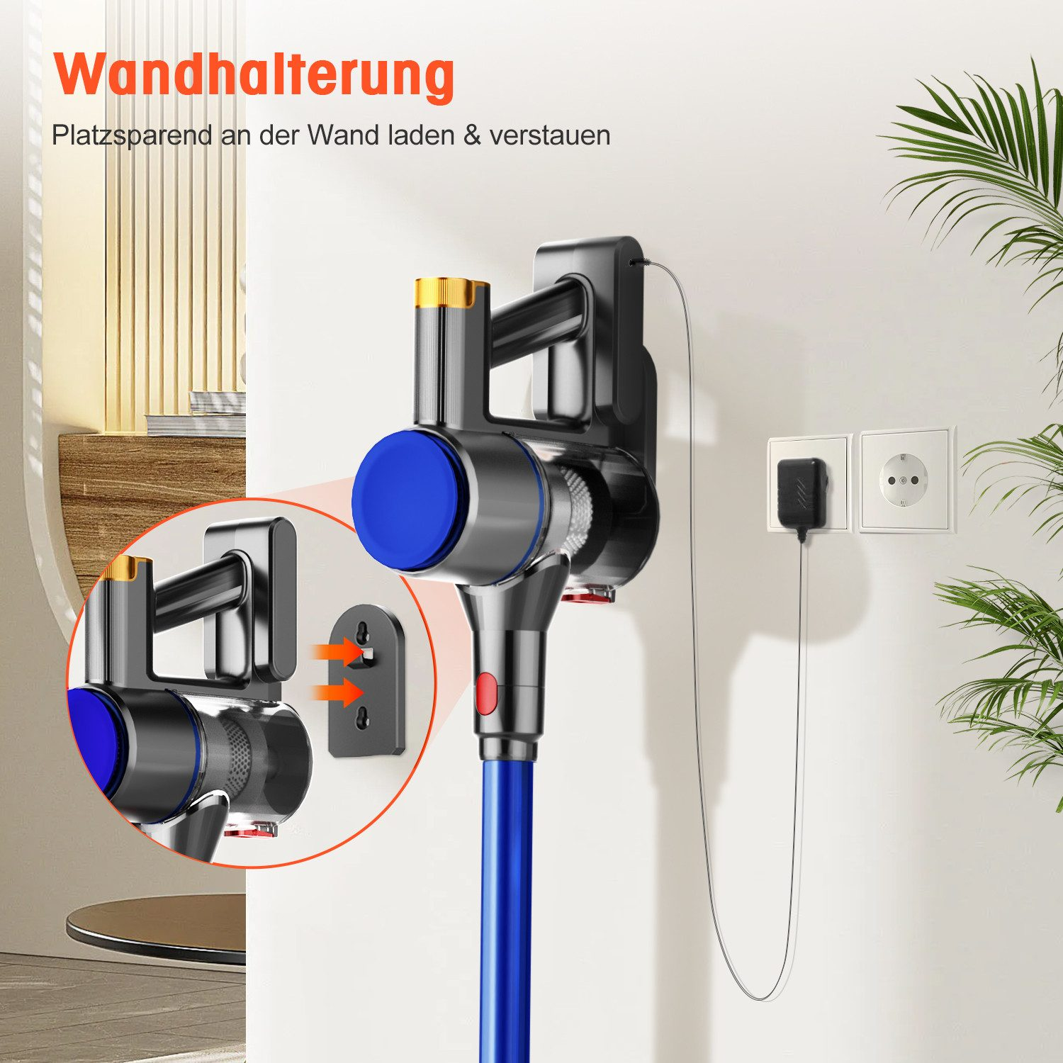 Ein grauer kabelloser Staubsauger mit blauen Akzenten ist an einer Wandhalterung montiert und lädt.