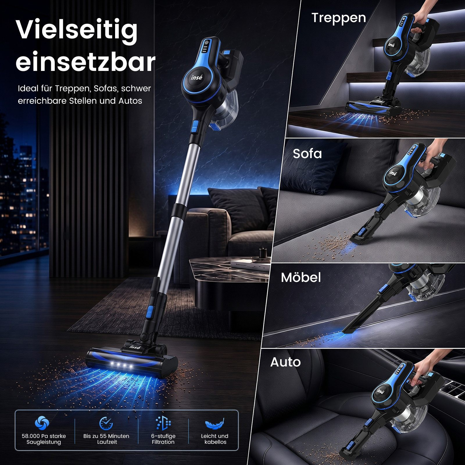 Ein blauer und schwarzer kabelloser Staubsauger für Böden, Treppen, Sofas, Möbel und Autos mit Zubehör.