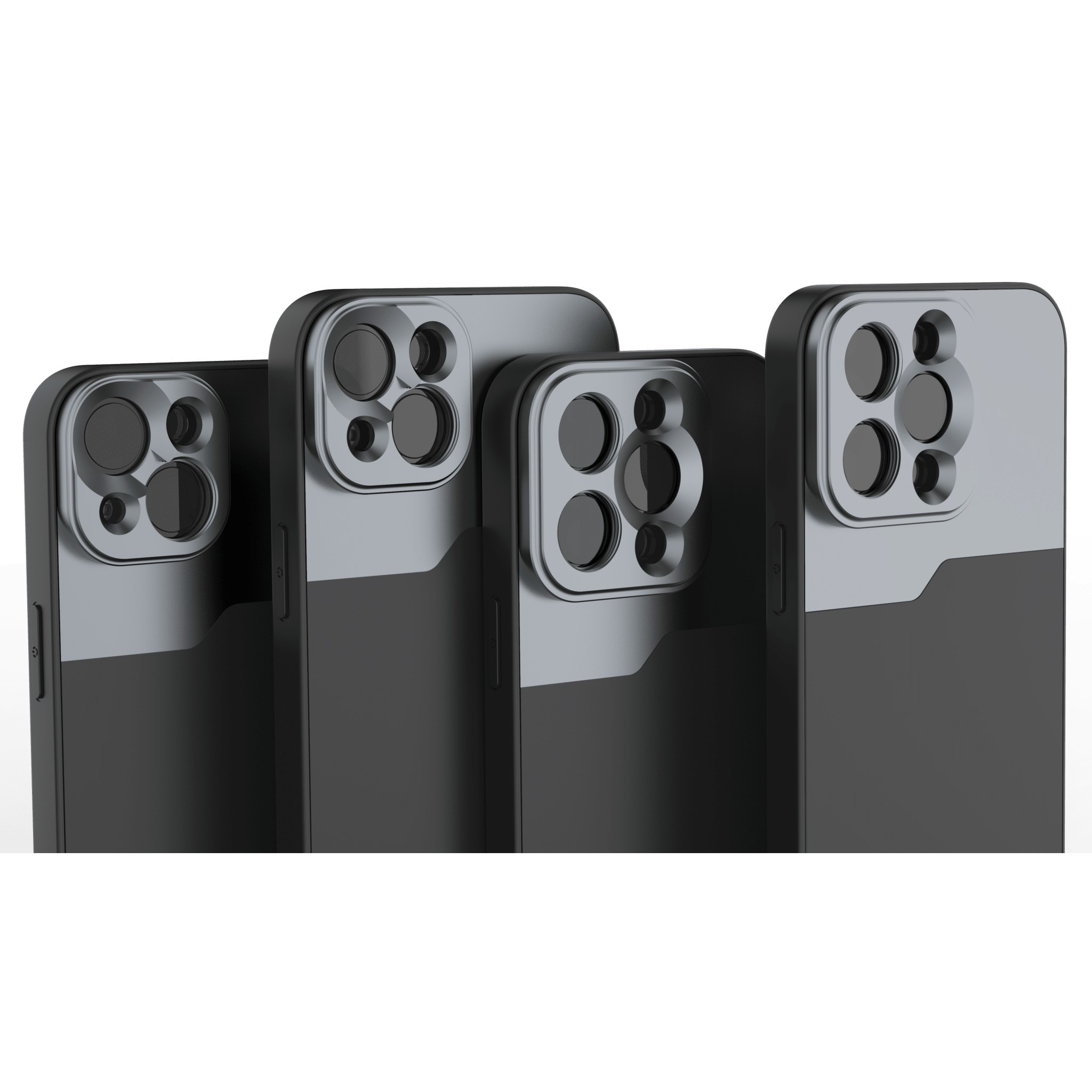 Vier Smartphones in schwarz-grauen Schutzhüllen mit Multilin-Kameras.