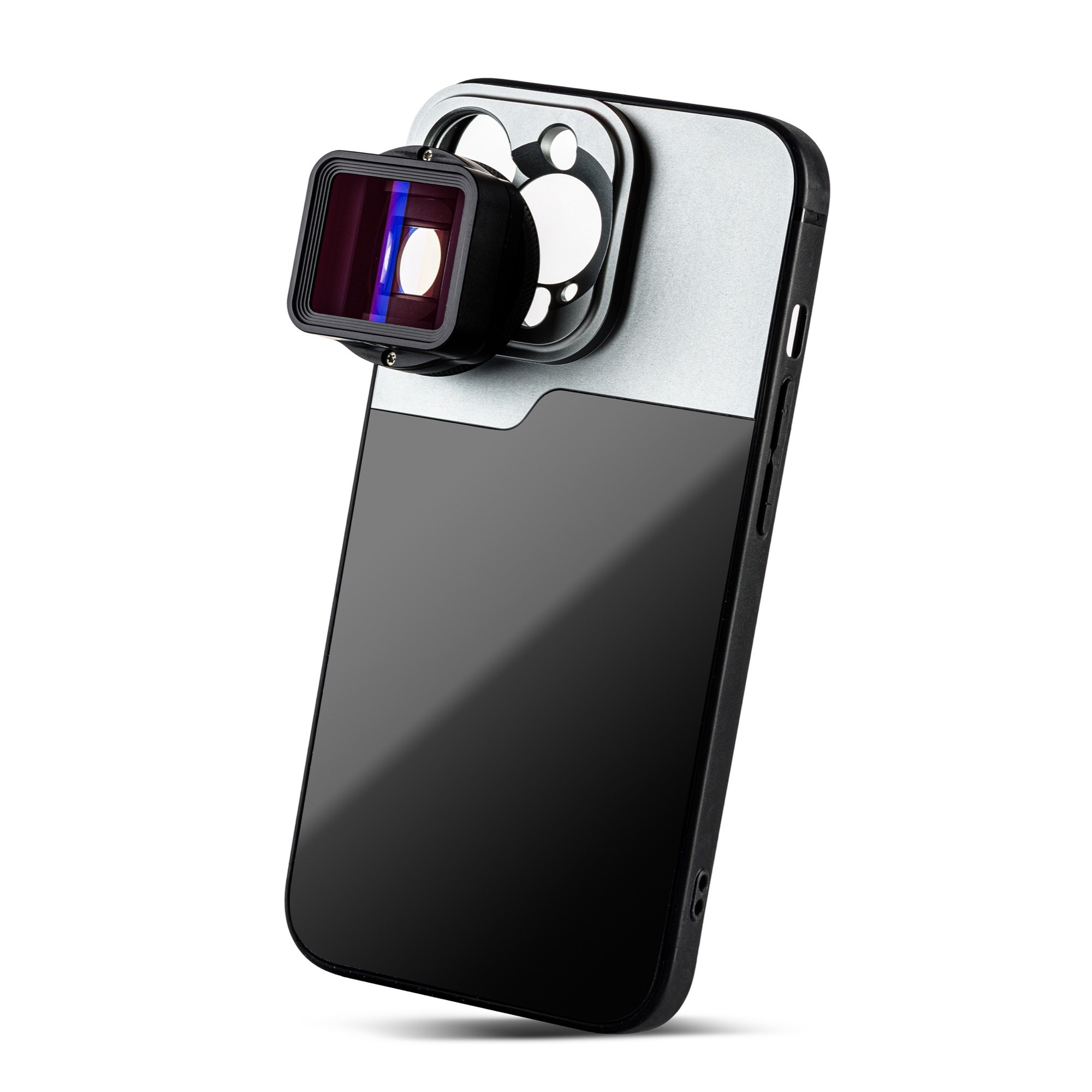 Ein Smartphone in zweifarbigem Etui mit eckigem Linsenaufsatz über der Kamera.