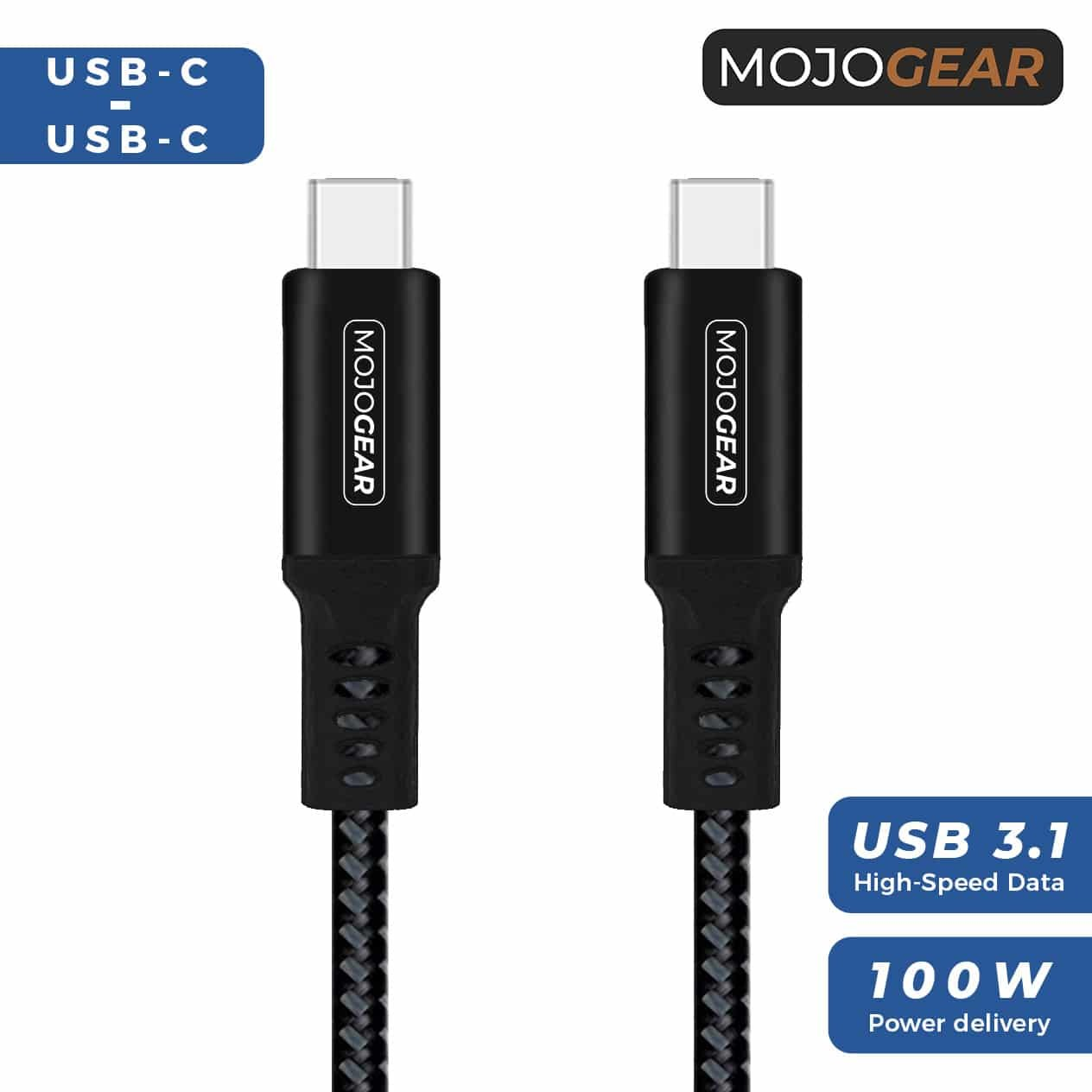 Deux câbles noirs MojoGear USB-C vers USB-C prenant en charge une alimentation de 100 W et des données rapides.