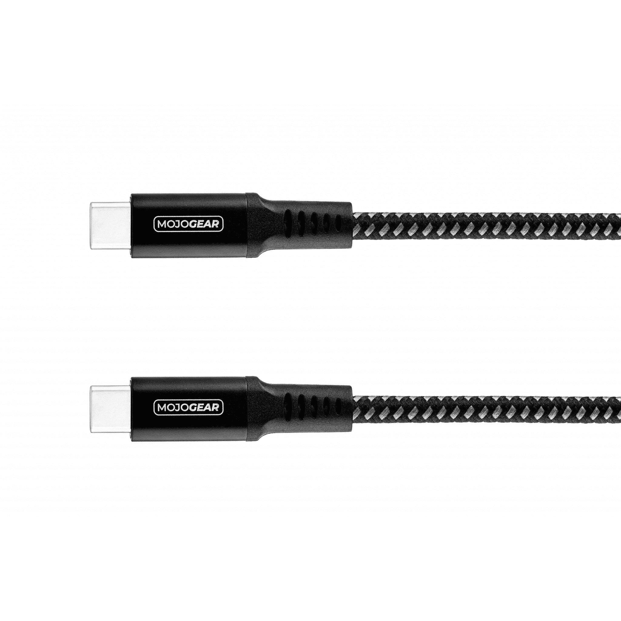 Deux câbles USB-C MojoGear noirs avec gaine tressée et connecteurs blancs.