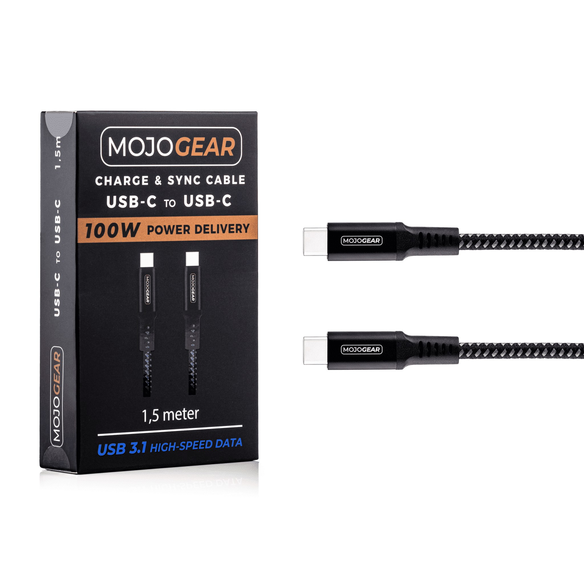 Câble USB-C vers USB-C MojoGear dans son emballage, 1,5 mètre, avec alimentation 100W.