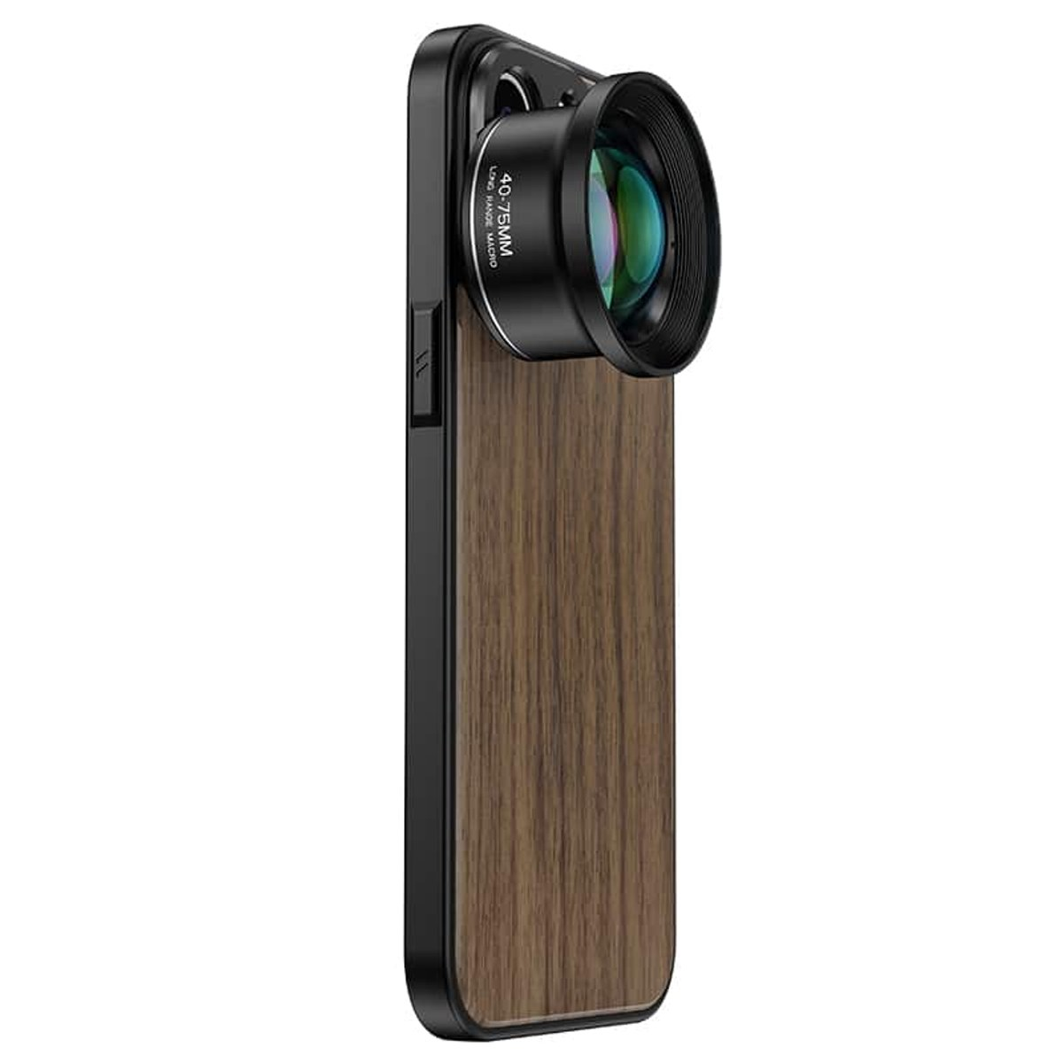 Smartphone mit Holzoptik-Hülle und großem aufgesetzten 40-75mm Makro-Kameraobjektiv auf der Rückseite.