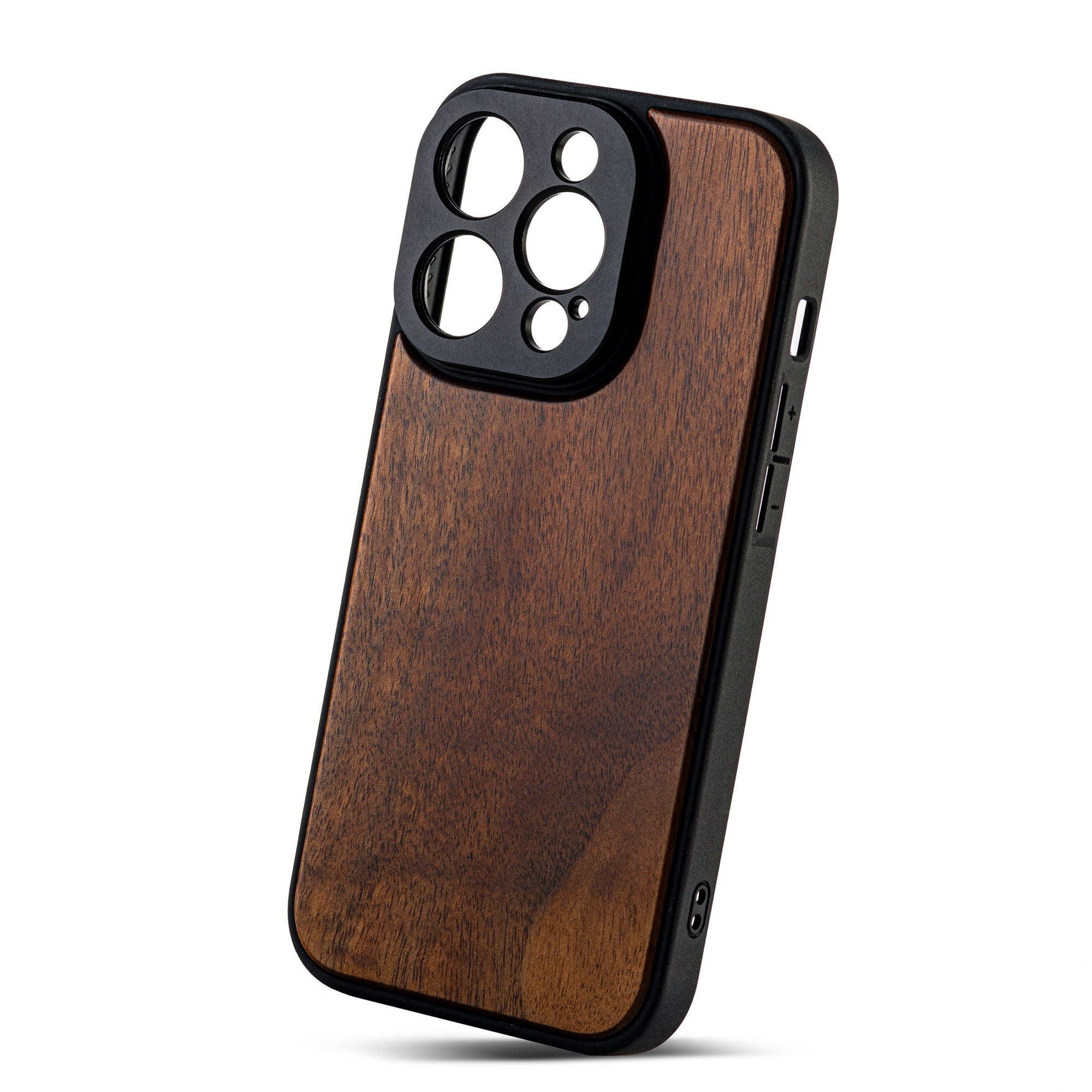 Eine schwarze Smartphone-Hülle mit Holzmaserung auf der Rückseite und schwarzer Kameraaussparung auf weißem Grund.