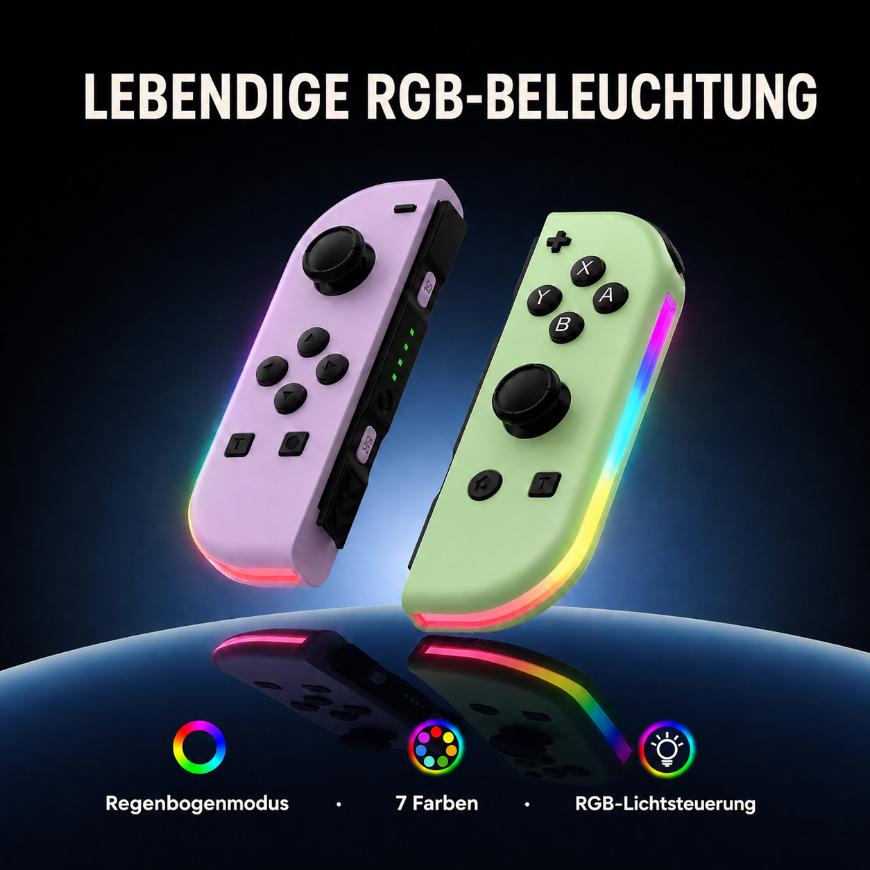Zwei RGB-beleuchtete Joy-Con-Controller in Lila und Grün mit reflektierendem Hintergrund.
