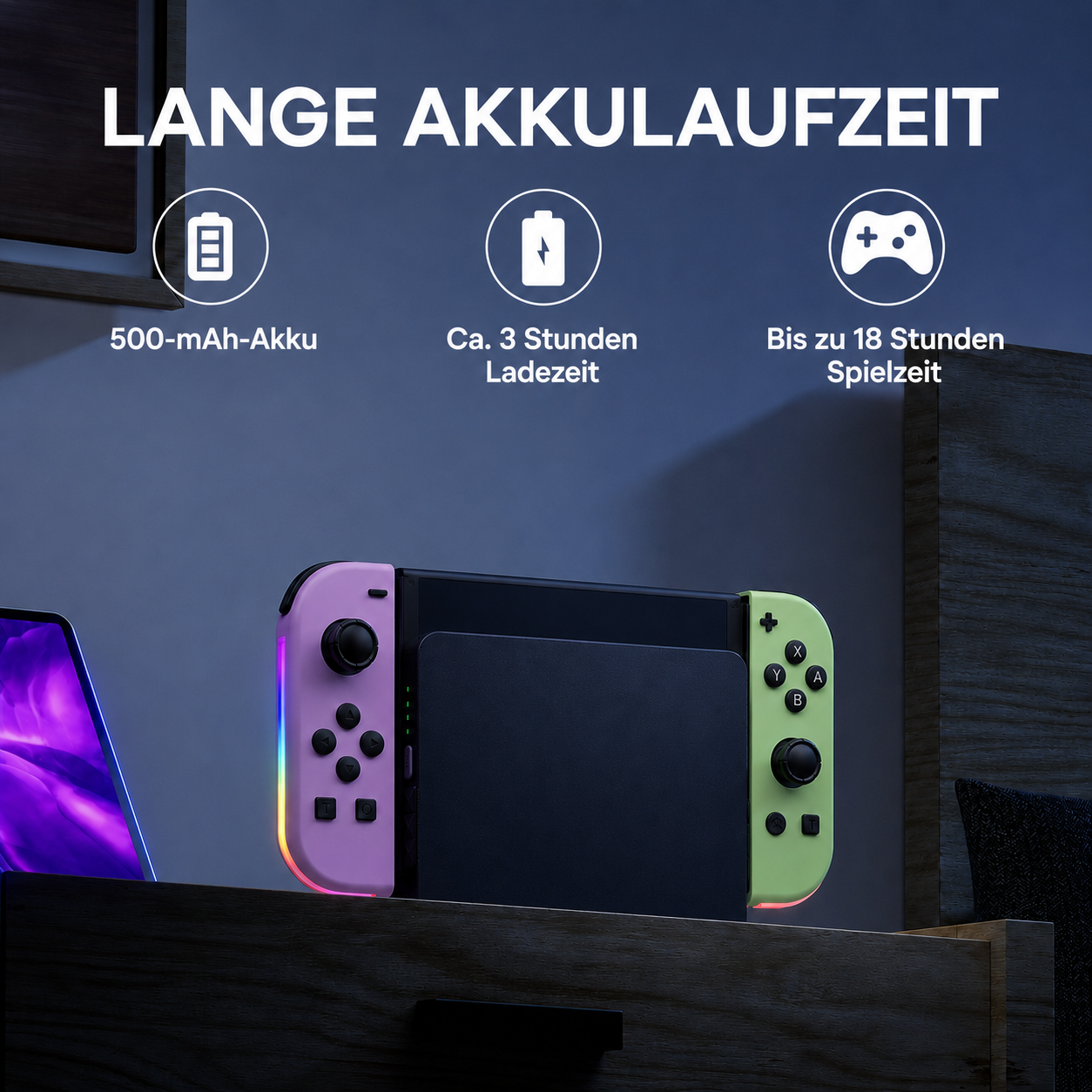 Nintendo Switch mit pinken und grünen Controllern, Akku-Infografik oben.