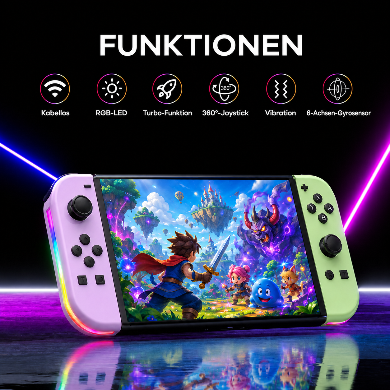 Eine pastellviolette und -grüne Handheld-Konsole mit Actionspiel und Symbolen für kabellos und RGB-LED.