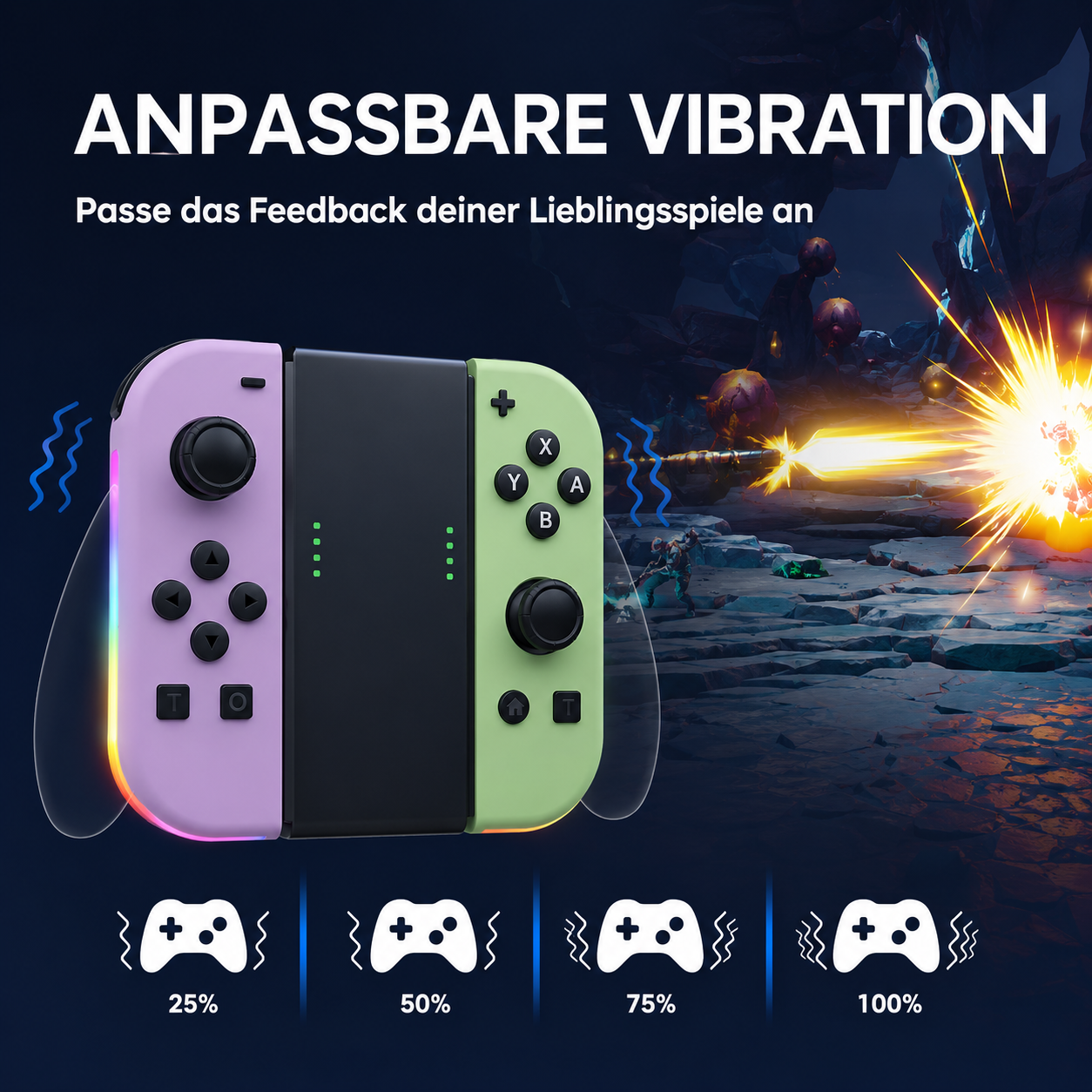 Lila und grüner Controller mit anpassbaren Vibrationsstufen vor dunklem Hintergrund.