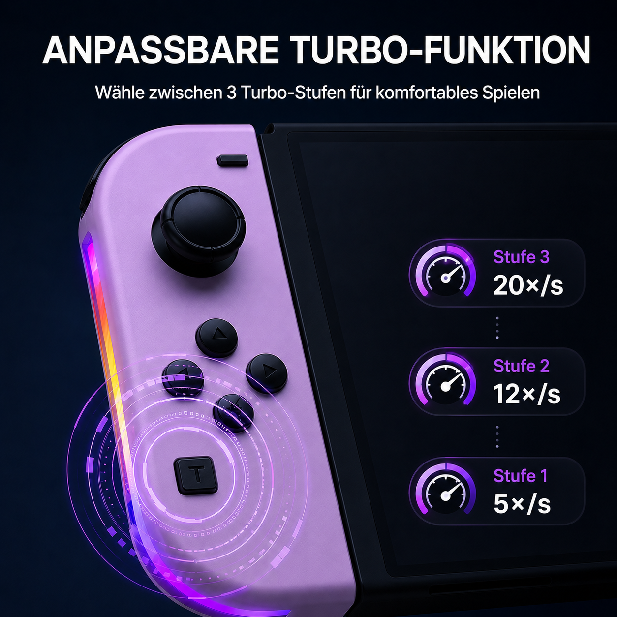 Lila Spielecontroller mit anpassbaren Turbo-Stufen und beleuchteten Tasten.