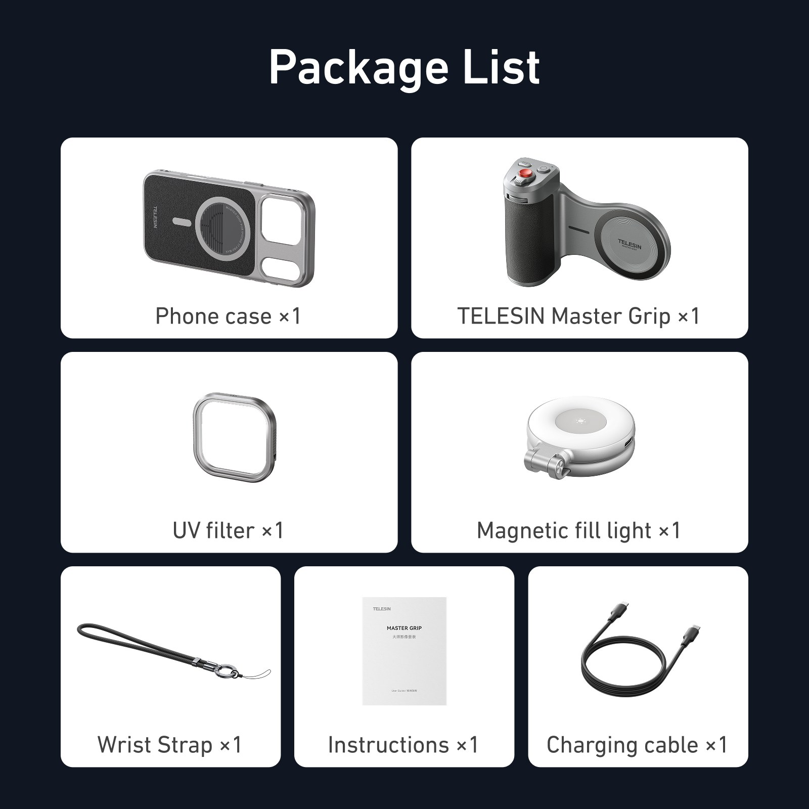 La lista include cover, impugnatura, filtro UV, luce magnetica, laccetto, manuale e cavo di ricarica.
