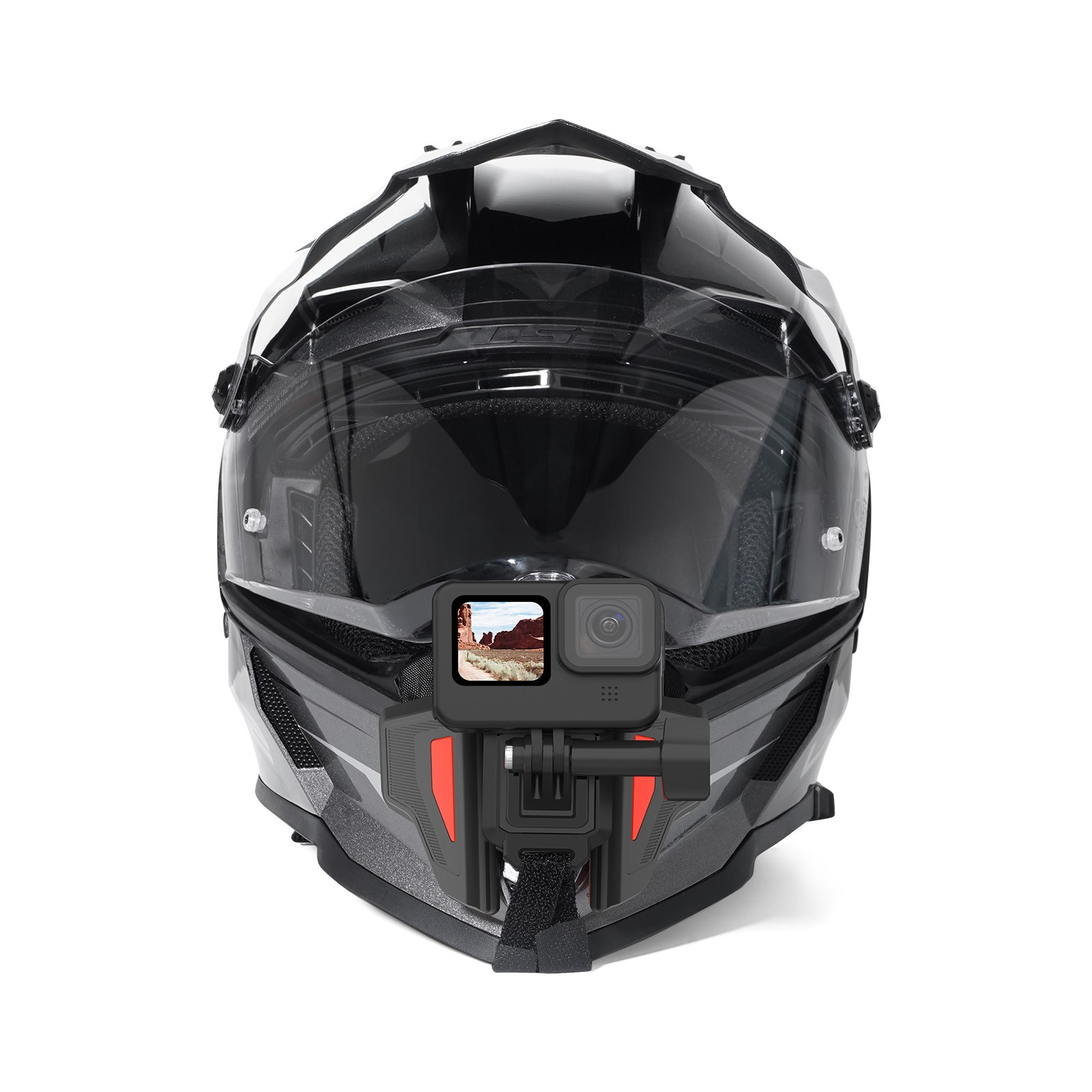 Ein schwarzer Motorradhelm mit einer Action-Kamera, die am Kinnbereich befestigt ist.