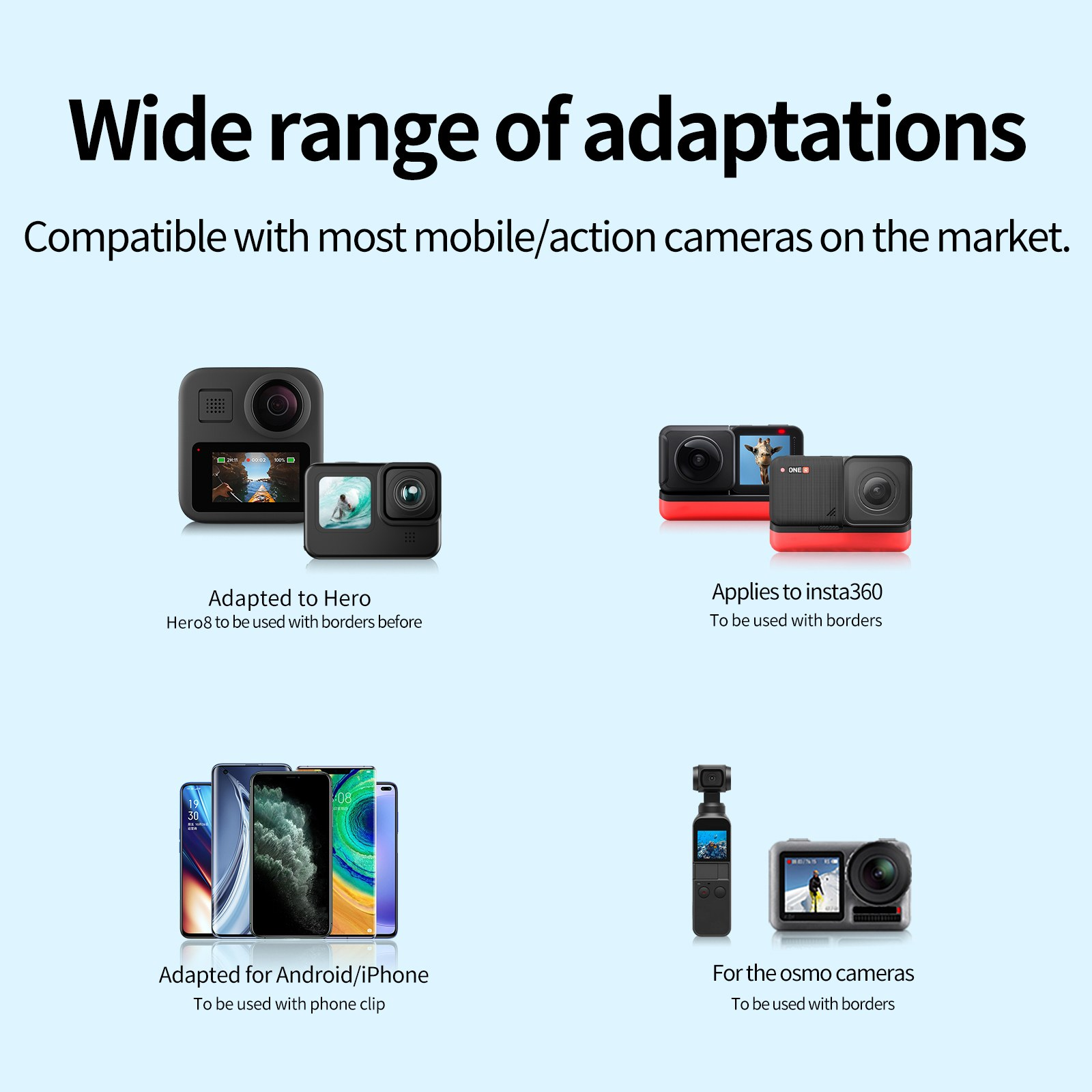 Grafik zeigt Kompatibilität von Adaptern mit Hero, Insta360, Android, iPhone und Osmo-Kameras.