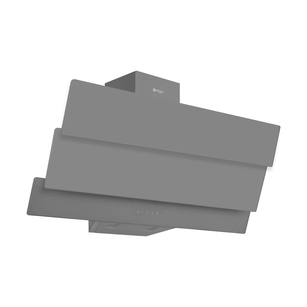 A grey angled cooker hood with three layered panels and a touch control panel on a white background.