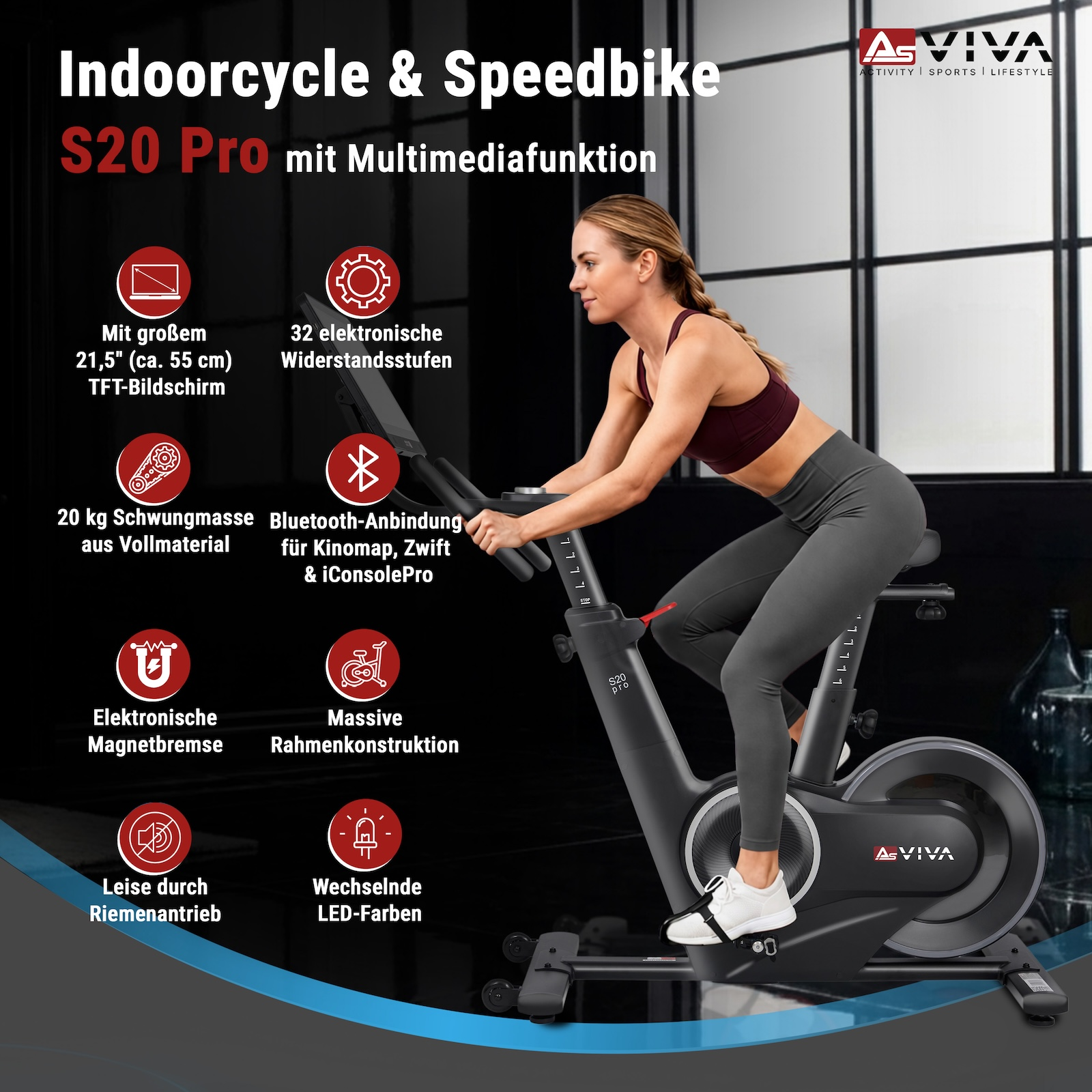 Eine Frau in Sportkleidung trainiert auf einem schwarzen AsVIVA S20 Pro Indoorcycle vor einem dunklen Hintergrund.
