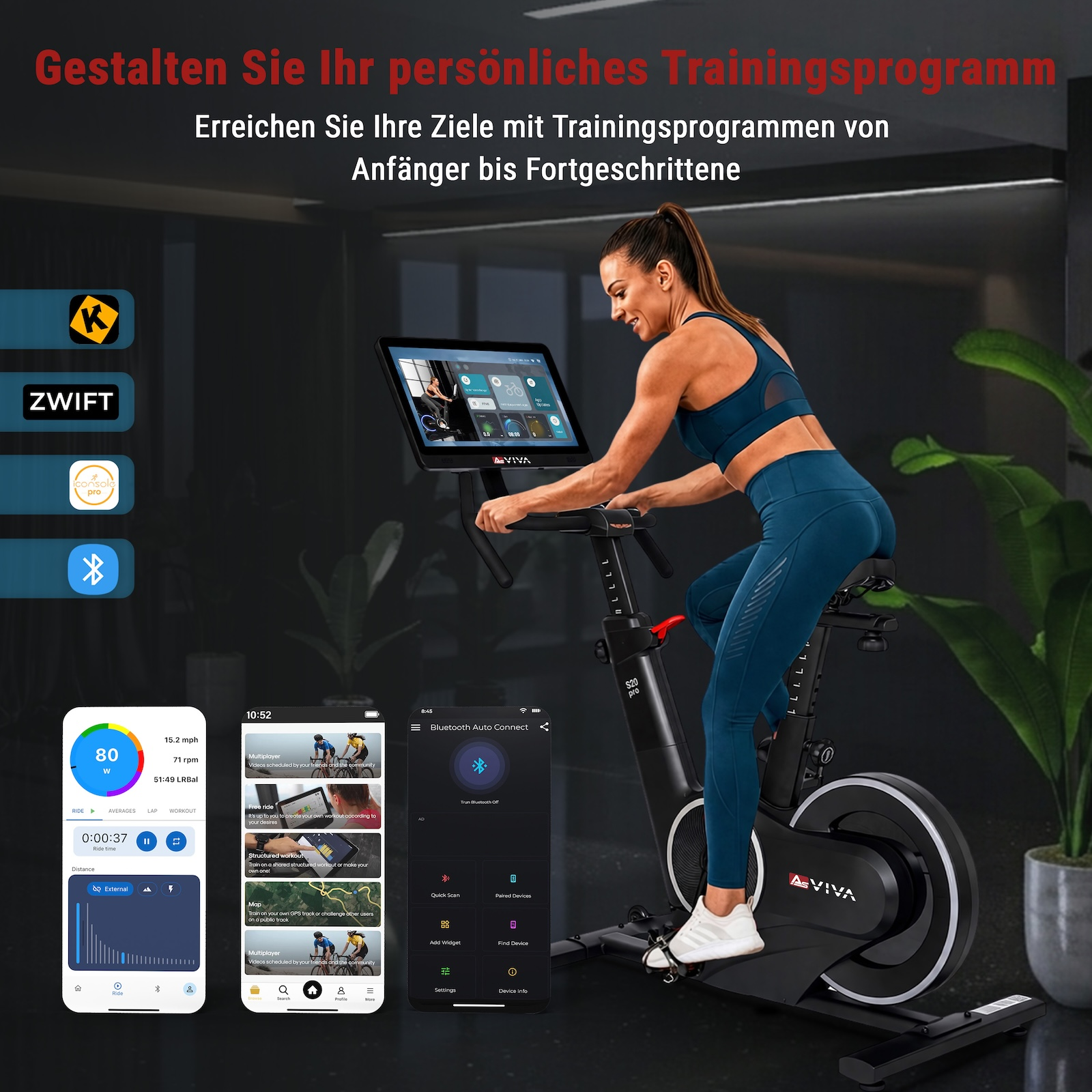 Eine Frau trainiert auf einem AsViva Heimtrainer mit digitalem Bildschirm, darunter App-Symbole und Handydisplay.