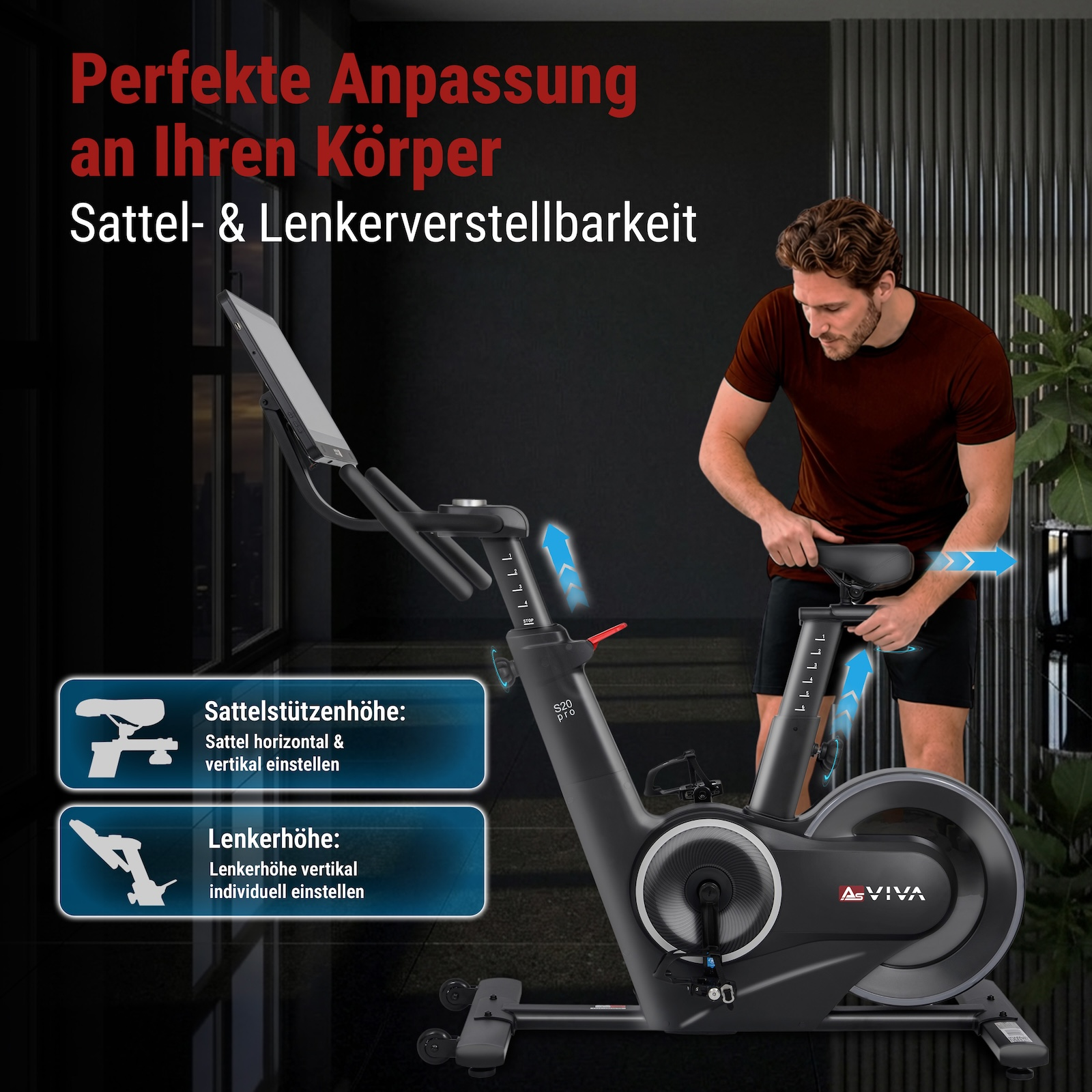Ein Mann passt den Sattel eines schwarzen Heimtrainers an, mit Textüberlagerungen zur Sättel- und Lenkerverstellbarkeit.