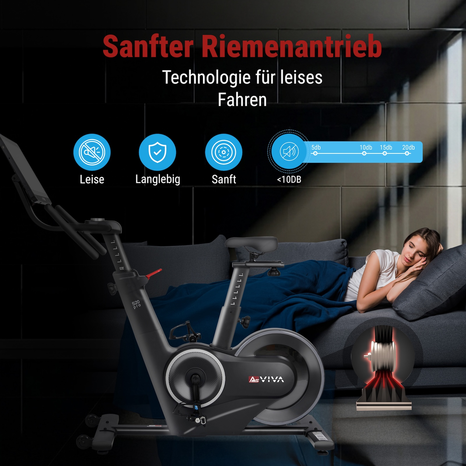 Ein AsVIVA S20 pro Heimtrainer mit leisem Riemenantrieb, während eine Frau auf dem Sofa schläft.