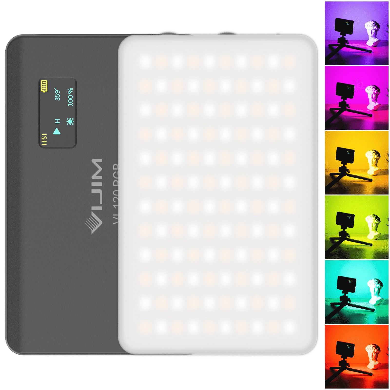 VIJIM VL120 RGB LED light with display panel, alongside preview thumbnails in various colors.