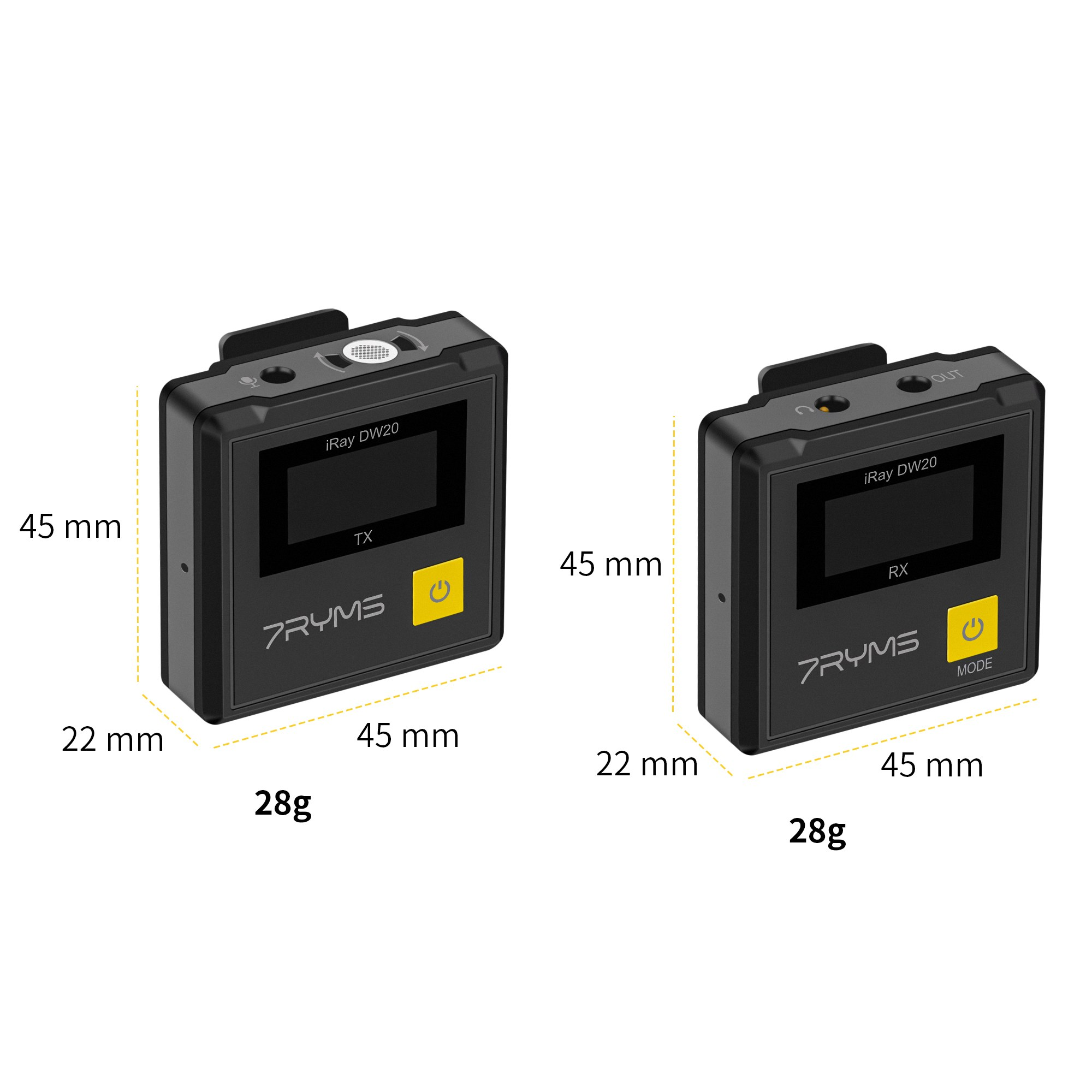 Twee zwarte 7RYMS audio-apparaten met afmetingen van 45x45x22 mm en 28g per stuk.