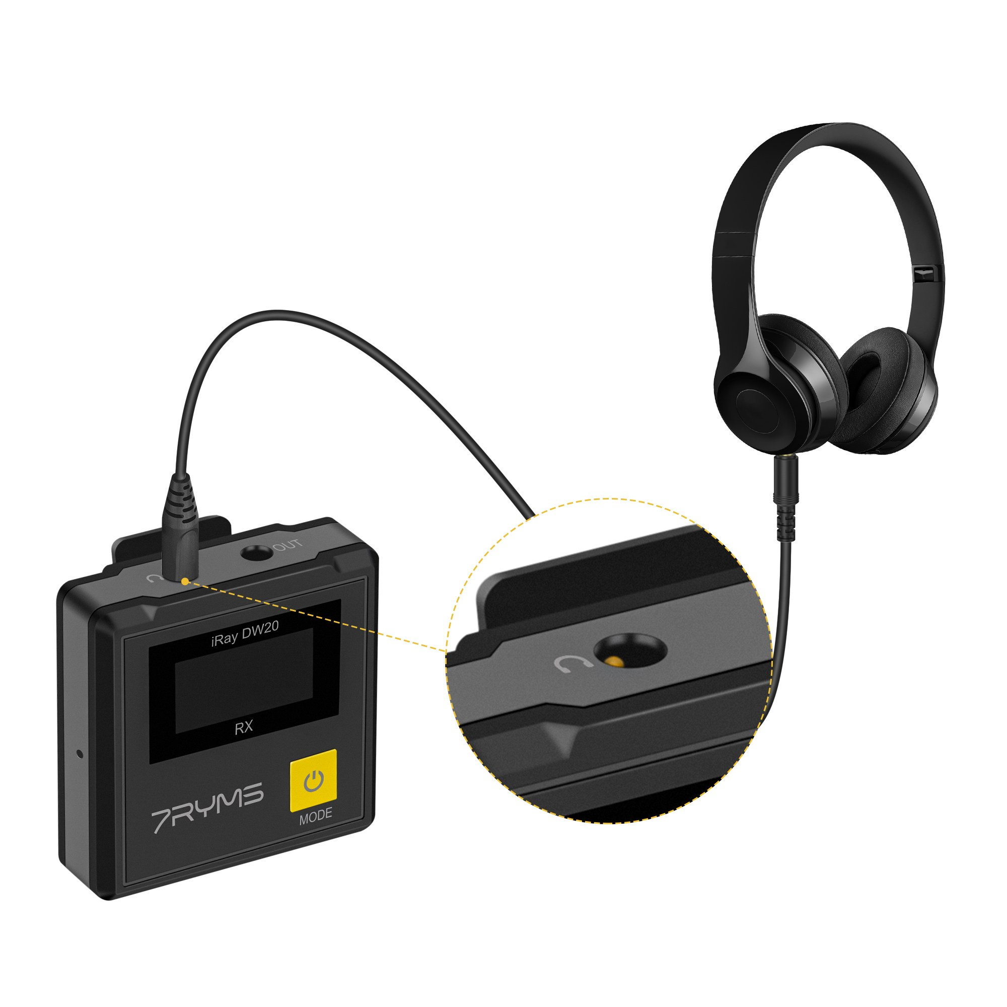 Een zwarte ontvanger via kabel verbonden met een zwarte koptelefoon, met nadruk op de audio-aansluiting.