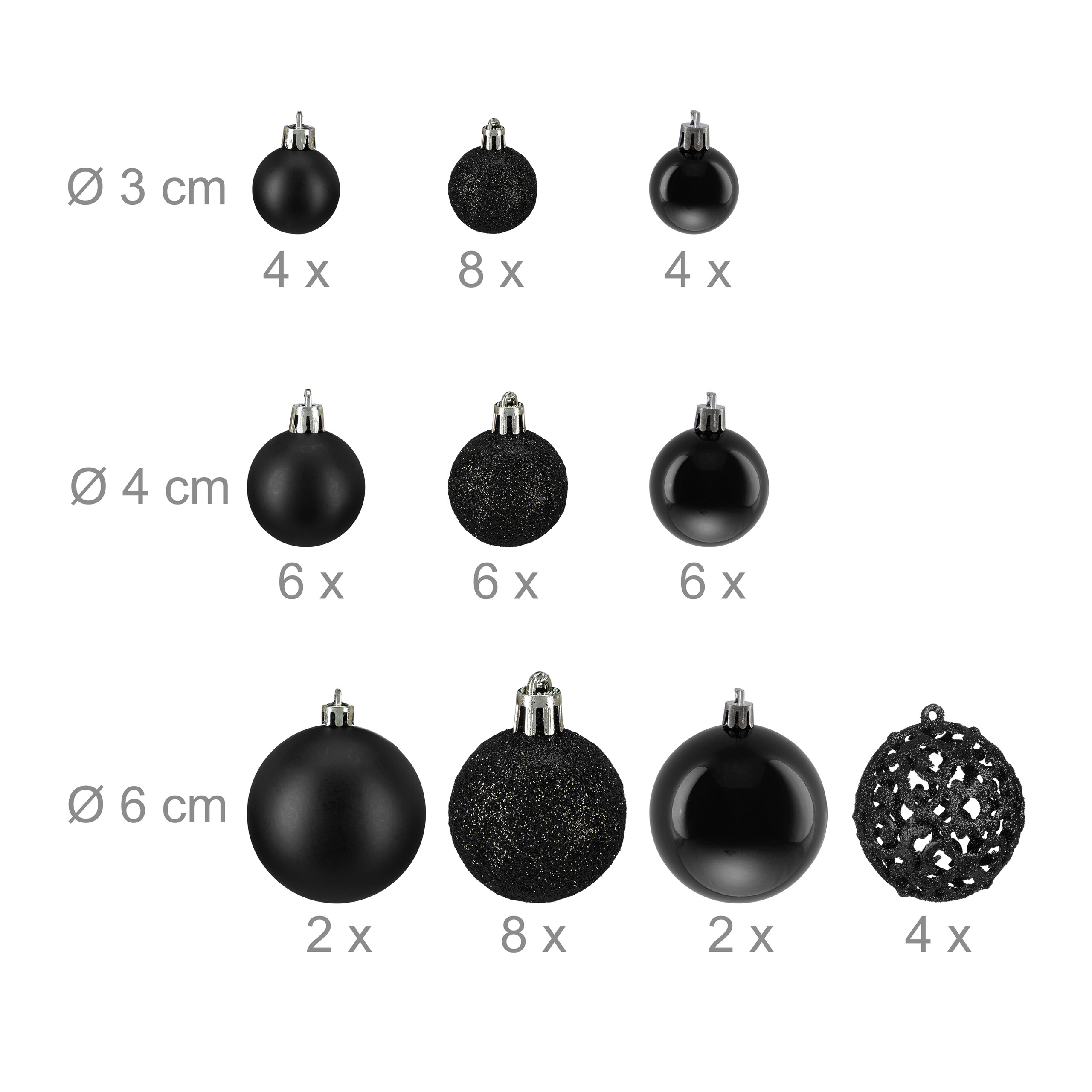 Schwarze Weihnachtskugeln in verschiedenen Größen und Ausführungen mit Maßen und Mengen.